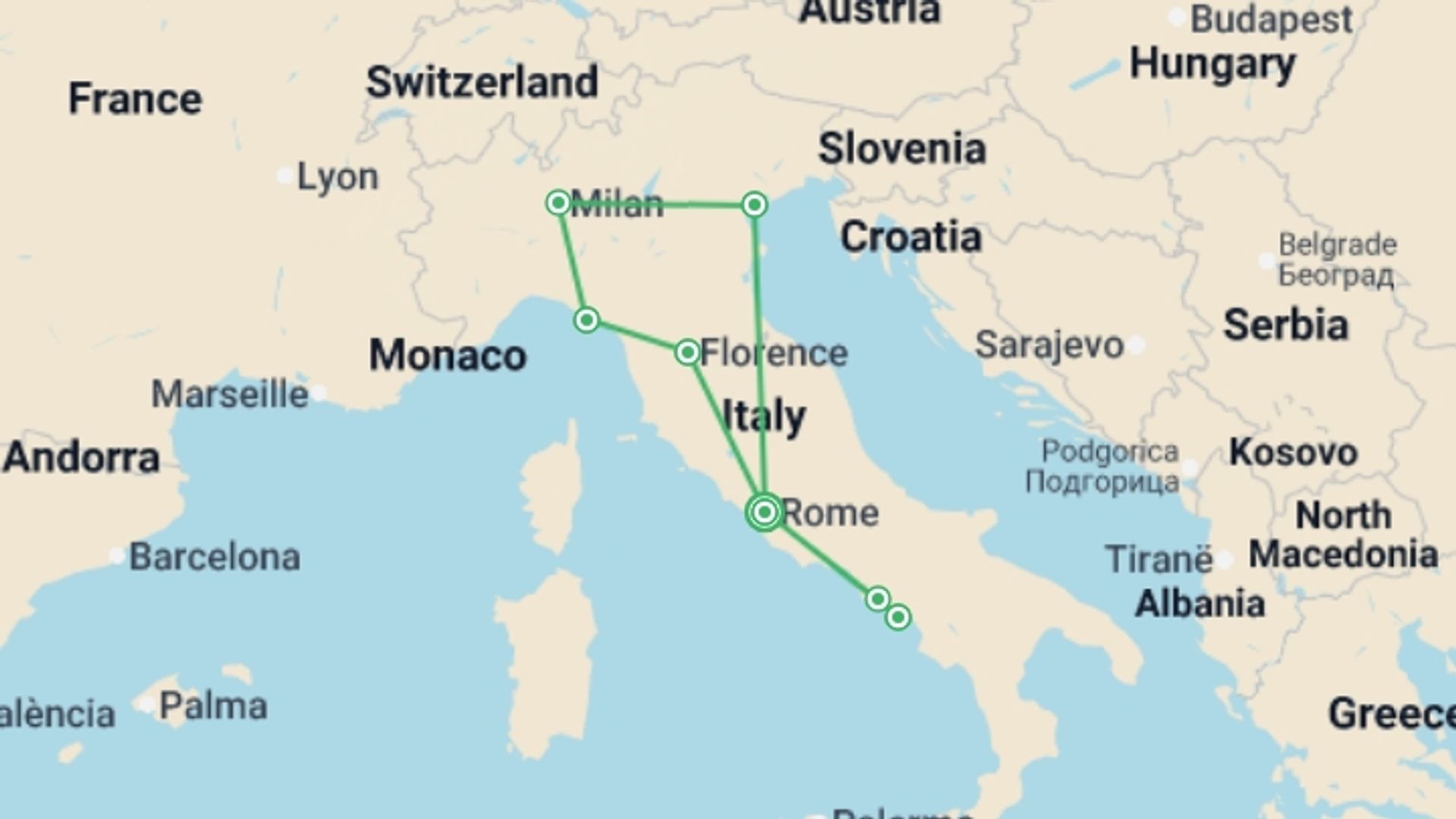 A map showing the tour itinerary for the trip: Best of Italy, starting in Rome, Italy and ending in Rome, Italy going through 5 other destinations.