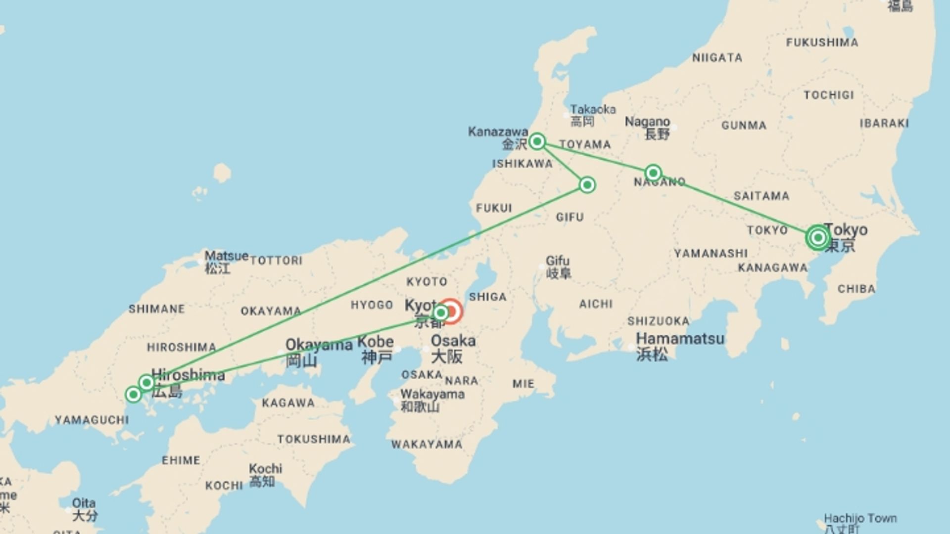 A map showing the tour itinerary for the trip: Simply Japan, starting in Tokyo, Japan and ending in Kyoto, Japan going through 8 other destinations.