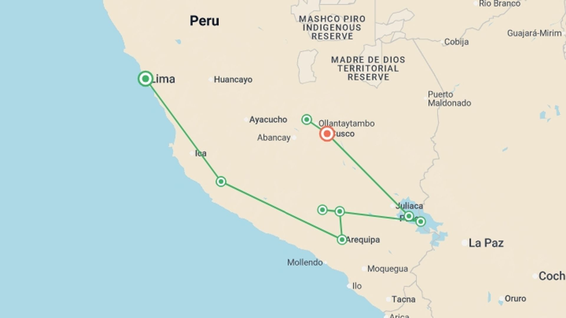 A map showing the tour itinerary for the trip: Simply Peru, starting in Lima, Peru and ending in Cusco, Peru going through 9 other destinations.