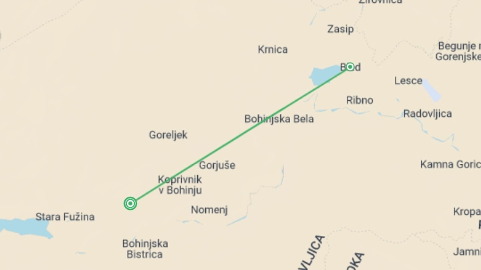 A map showing the tour itinerary for the trip: Slovenia Adventure, starting in Bohinj, Slovenia and ending in Bohinj, Slovenia going through 2 other destinations.