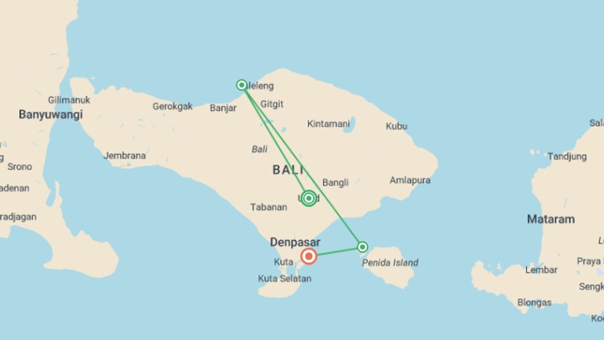 A map showing the tour itinerary for the trip: Solo-ish Bali, starting in Ubud, Indonesia and ending in Sanur, Indonesia going through 2 other destinations.