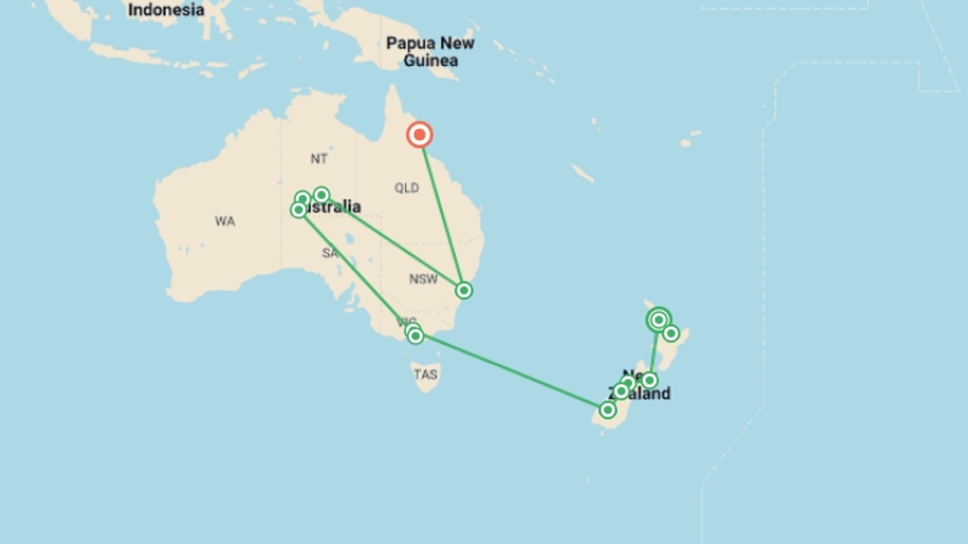 A map showing the tour itinerary for the trip: Solo-ish Down-Under, starting in Auckland, New Zealand and ending in Cairns, Australia going through 9 other destinations.
