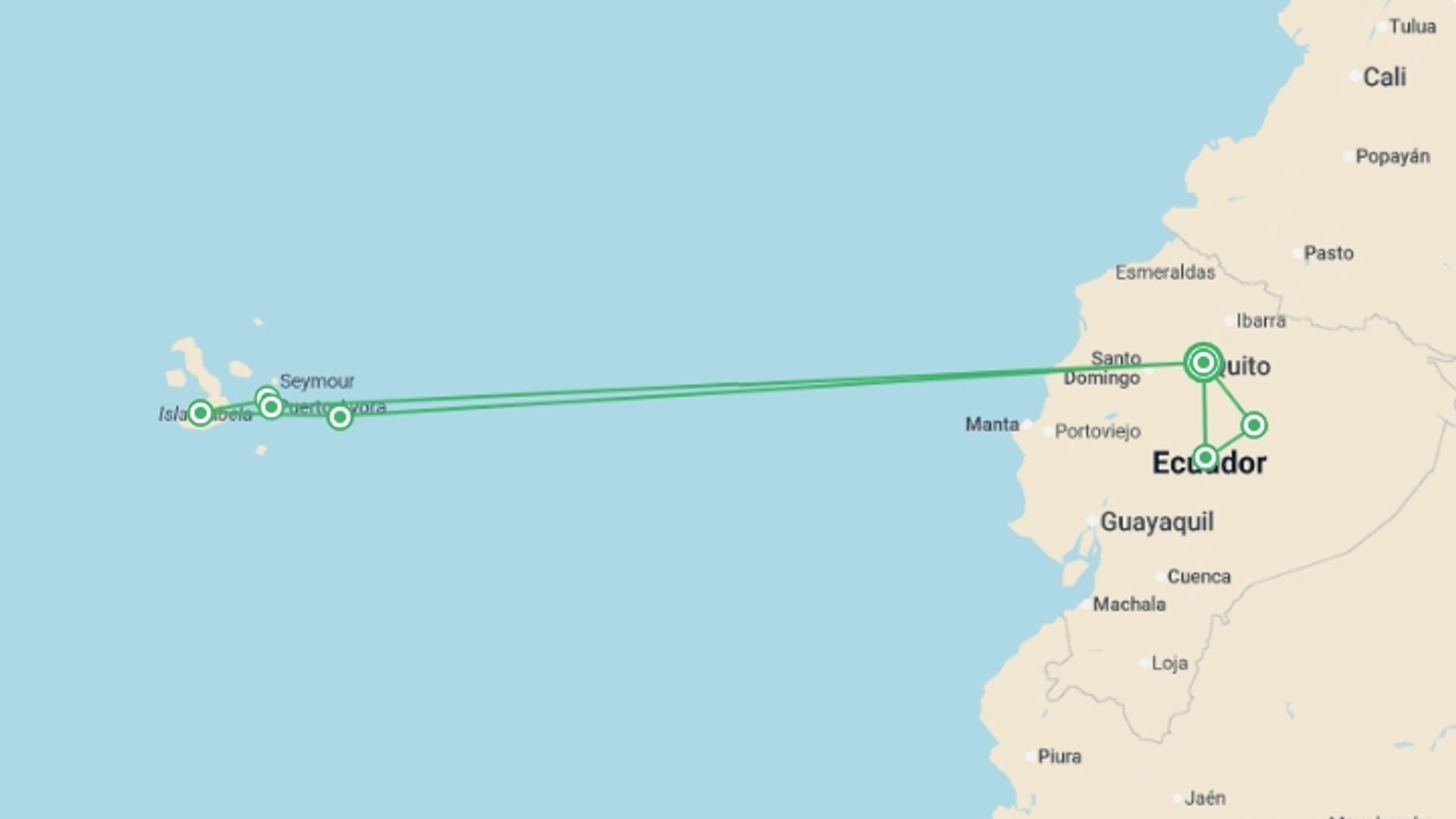 A map showing the tour itinerary for the trip: Solo-ish Ecuador & Galapagos, starting in Quito, Ecuador and ending in Quito, Ecuador going through 5 other destinations.
