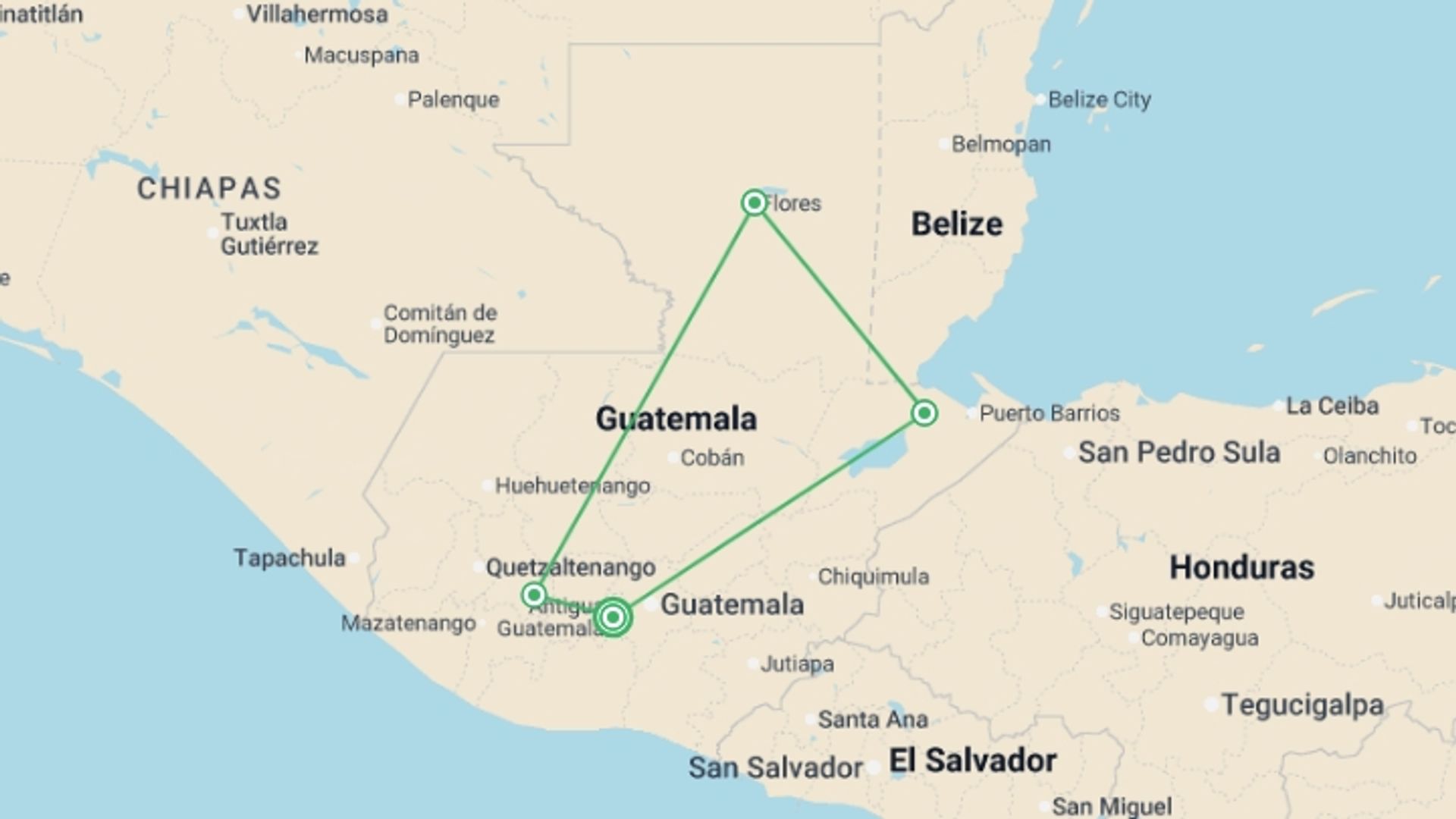 A map showing the tour itinerary for the trip: Solo-ish Guatemala, starting in Antigua, Guatemala and ending in Antigua, Guatemala going through 2 other destinations.
