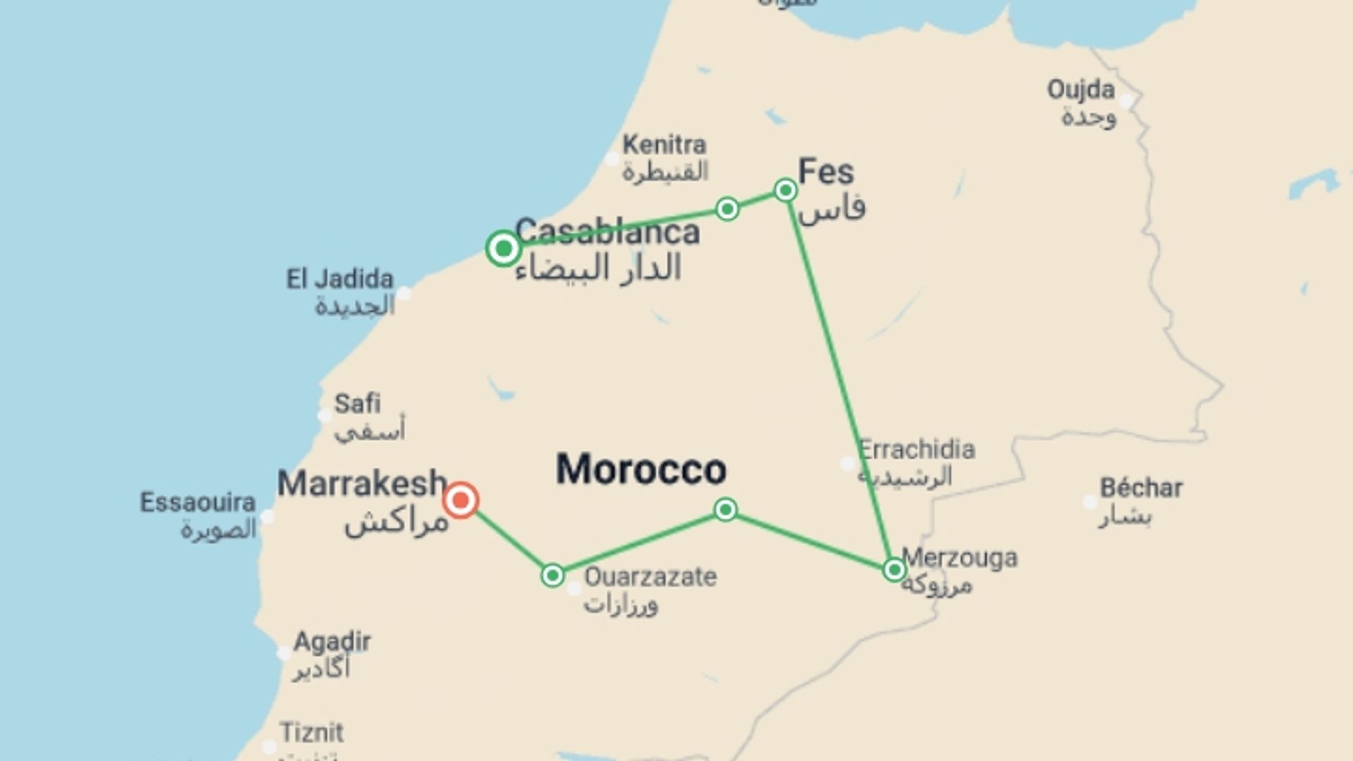 A map showing the tour itinerary for the trip: Solo-ish Morocco, starting in Casablanca, Morocco and ending in Marrakech, Morocco going through 3 other destinations.