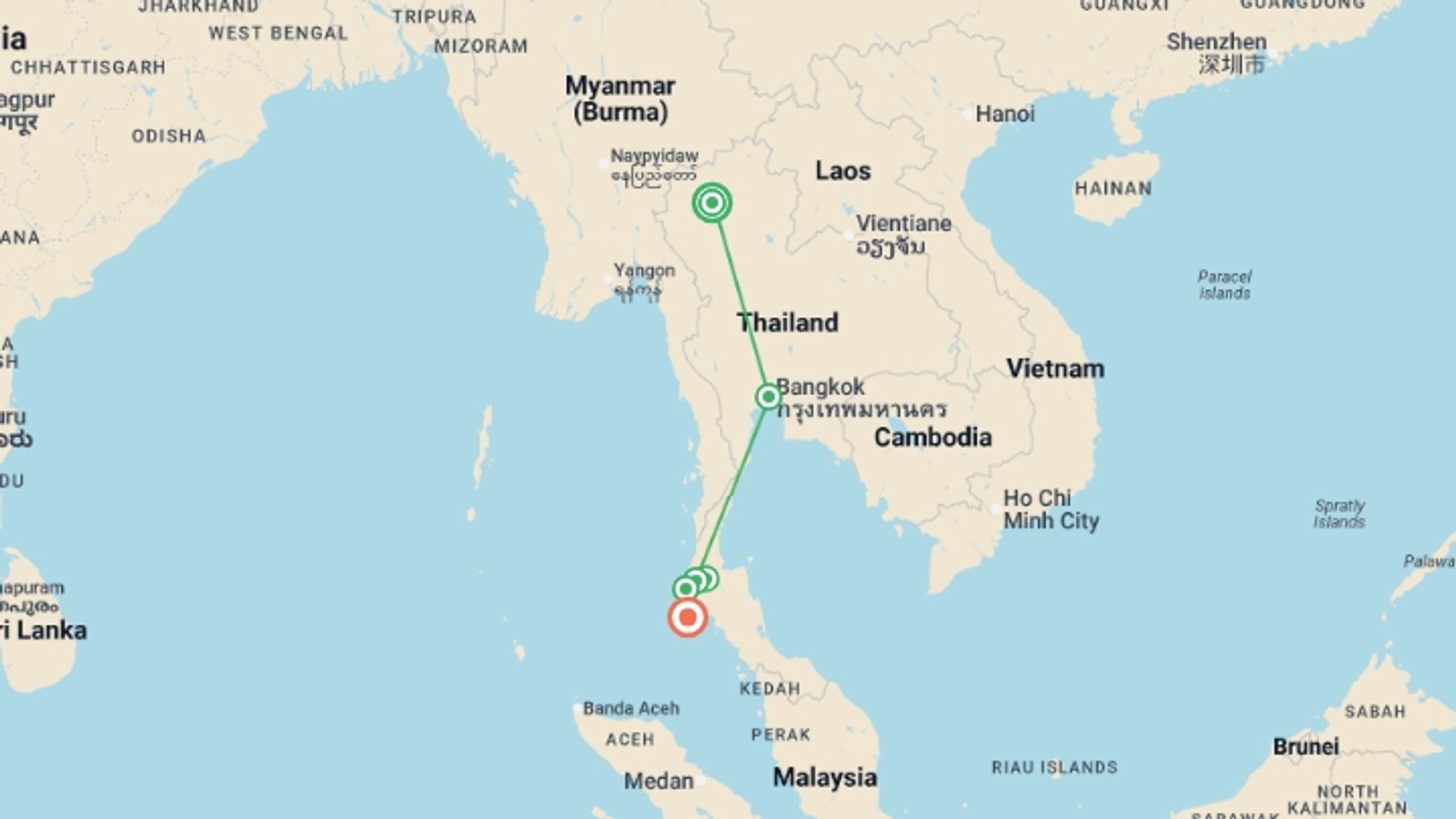 A map showing the tour itinerary for the trip: Solo-ish Thailand, starting in Chiang Mai, Thailand and ending in Phuket, Thailand going through 4 other destinations.
