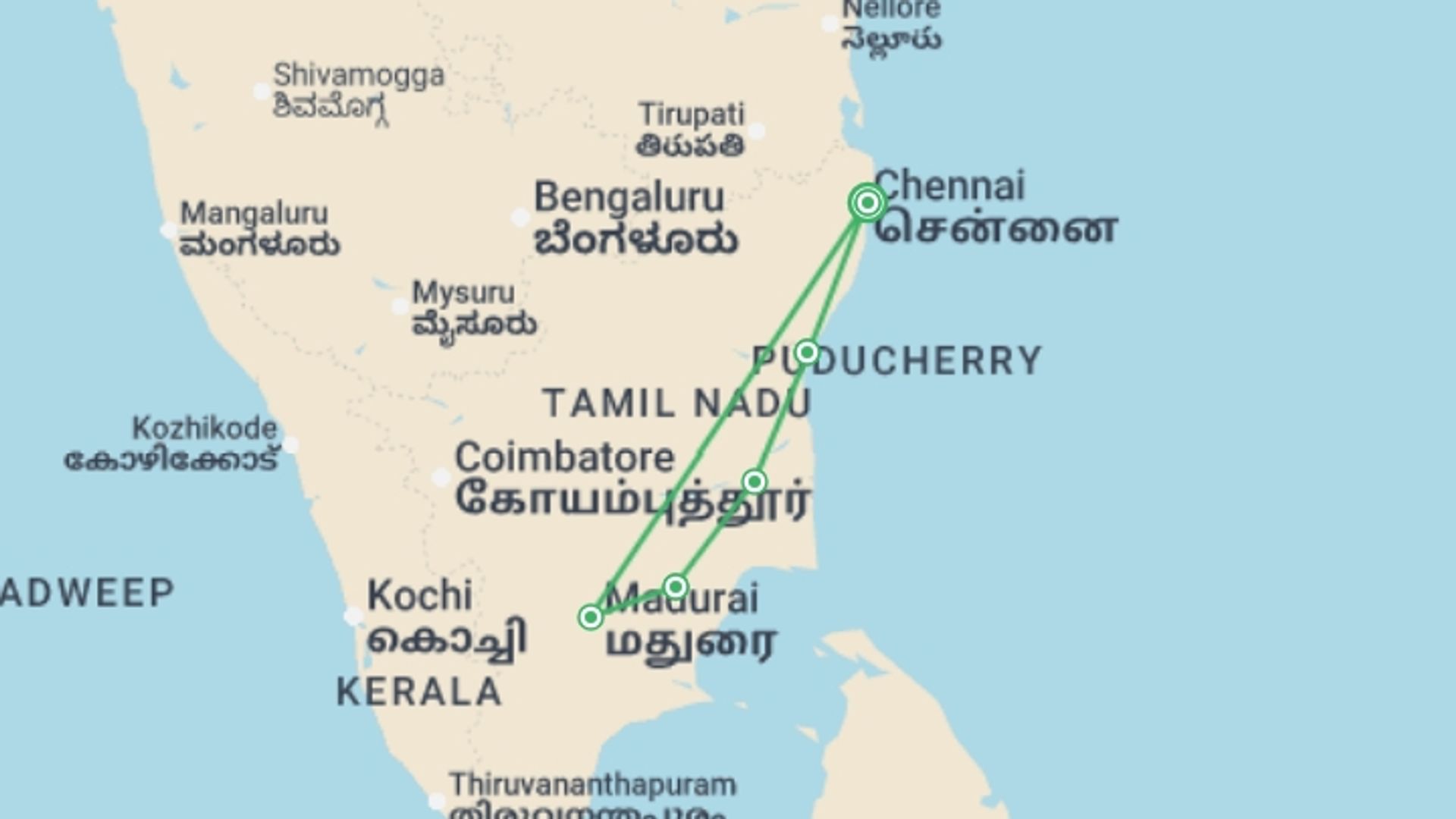 A map showing the tour itinerary for the trip: Soul of South India, starting in Chennai, India and ending in Chennai, India going through 2 other destinations.