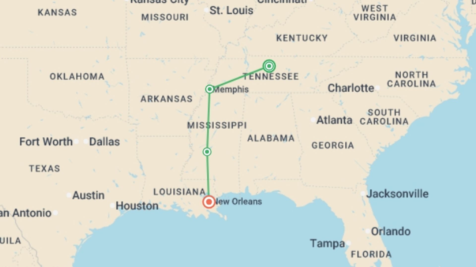 A map showing the tour itinerary for the trip: Soul of the Deep South, a Women-Only Tour, starting in Nashville, USA and ending in New Orleans, USA going through 3 other destinations.