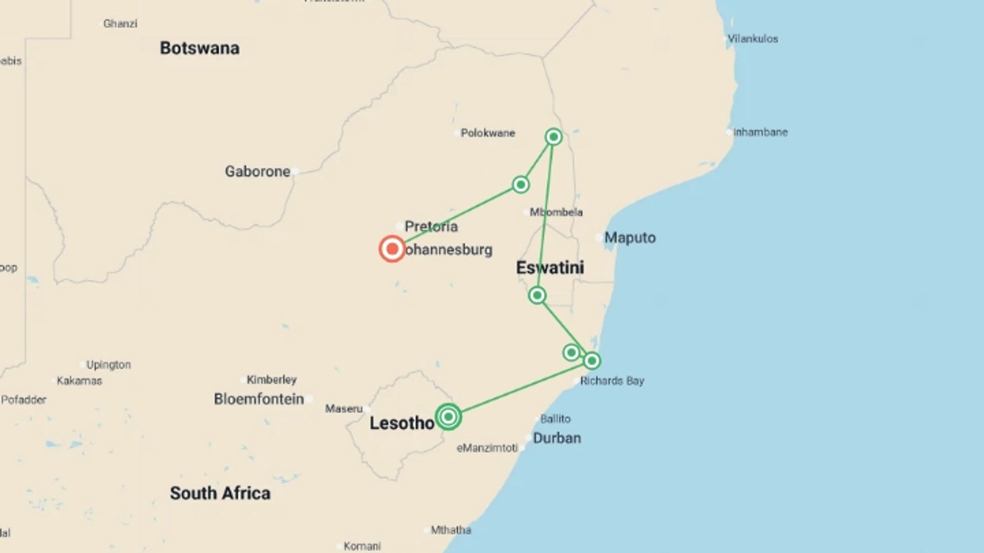 A map showing the tour itinerary for the trip: South Africa & Eswatini, starting in Johannesburg, South Africa and ending in Johannesburg, South Africa going through 4 other destinations.