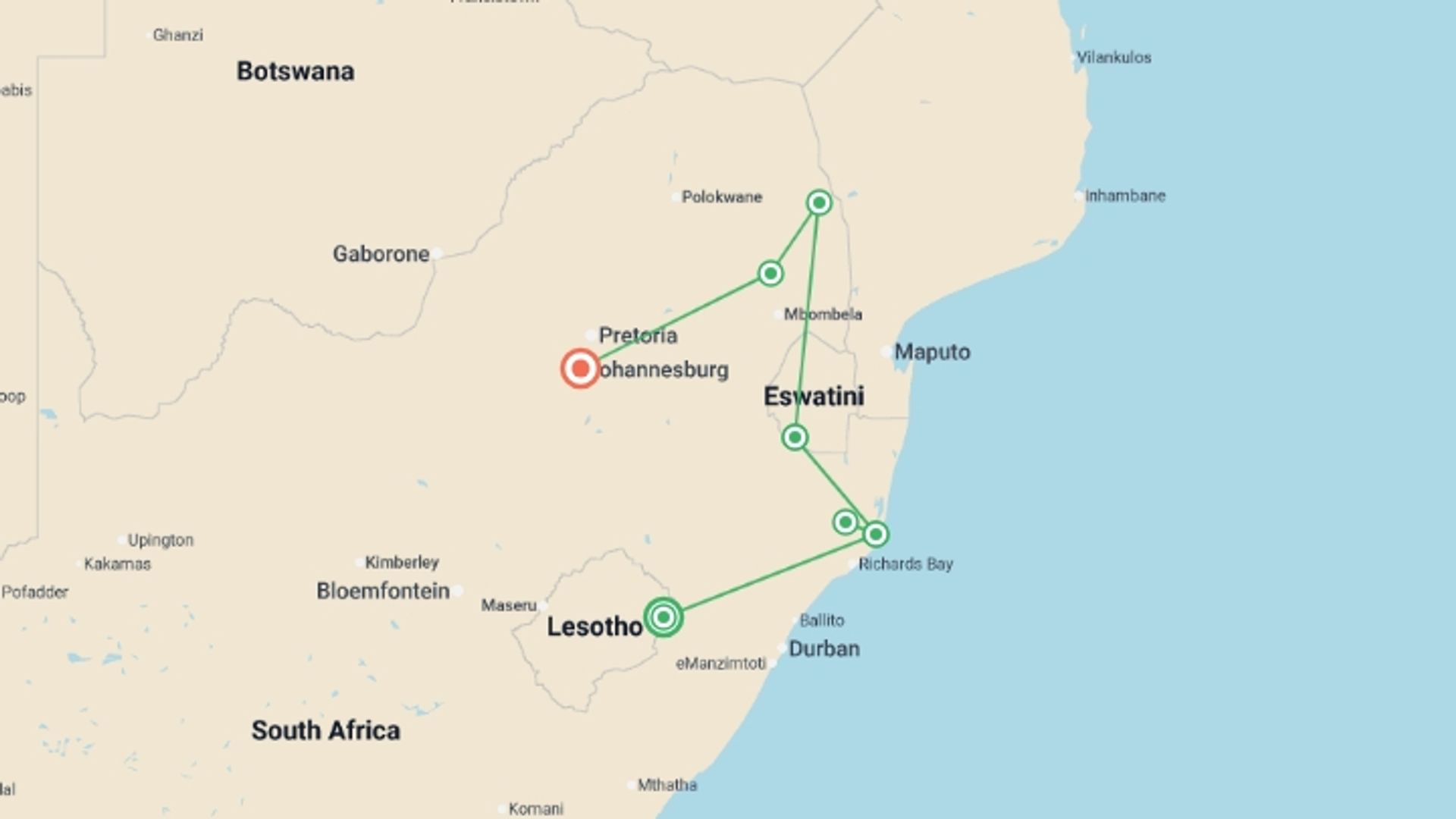 A map showing the tour itinerary for the trip: South Africa & Eswatini, starting in Johannesburg, South Africa and ending in Johannesburg, South Africa going through 4 other destinations.