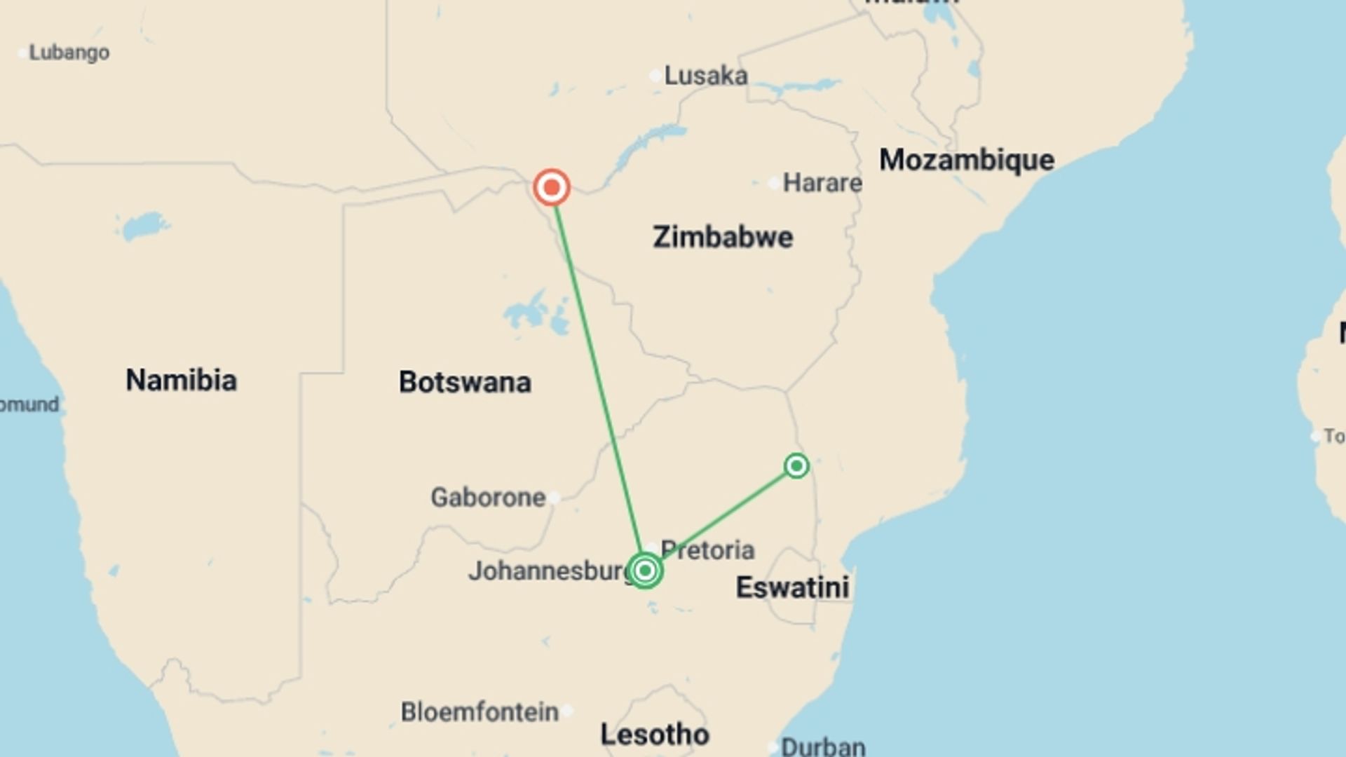 A map showing the tour itinerary for the trip: South Africa & Zimbabwe Discovery: Kruger to Victoria Falls, starting in Johannesburg, South Africa and ending in Victoria Falls, Zimbabwe going through 3 other destinations.