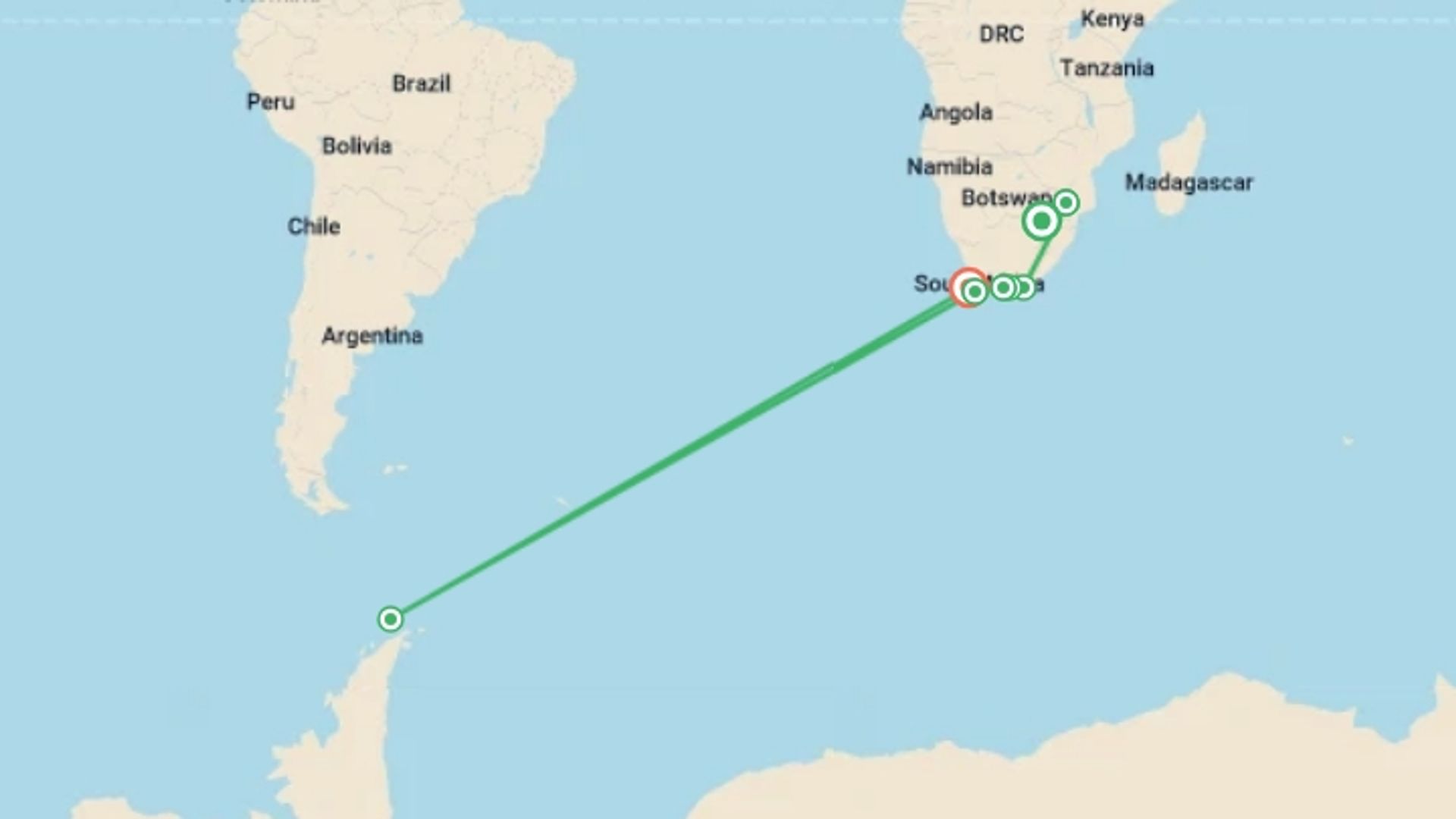 A map showing the tour itinerary for the trip: South Africa Highlights, starting in Johannesburg, South Africa and ending in Cape Town, South Africa going through 12 other destinations.