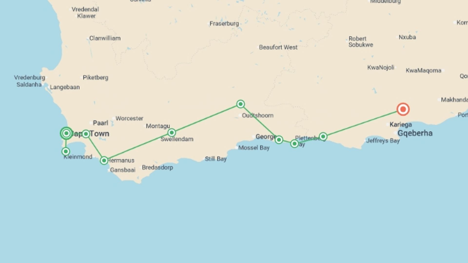 A map showing the tour itinerary for the trip: South Africa's Garden Route, starting in Cape Town, South Africa and ending in Addo Elephant National Park, South Africa going through 6 other destinations.
