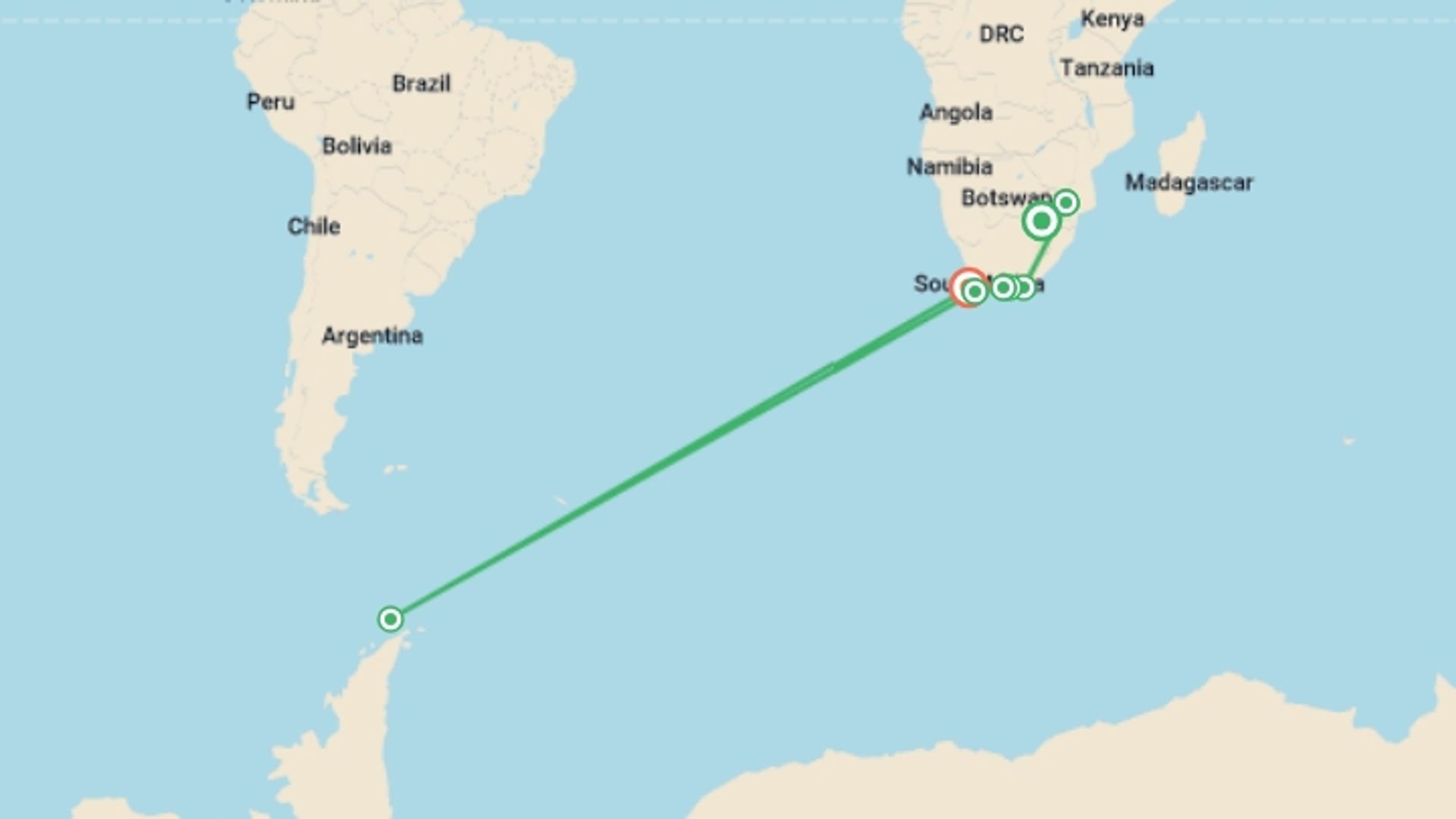 A map showing the tour itinerary for the trip: South Africa’s Garden Route & Kruger, starting in Johannesburg, South Africa and ending in Cape Town, South Africa going through 12 other destinations.