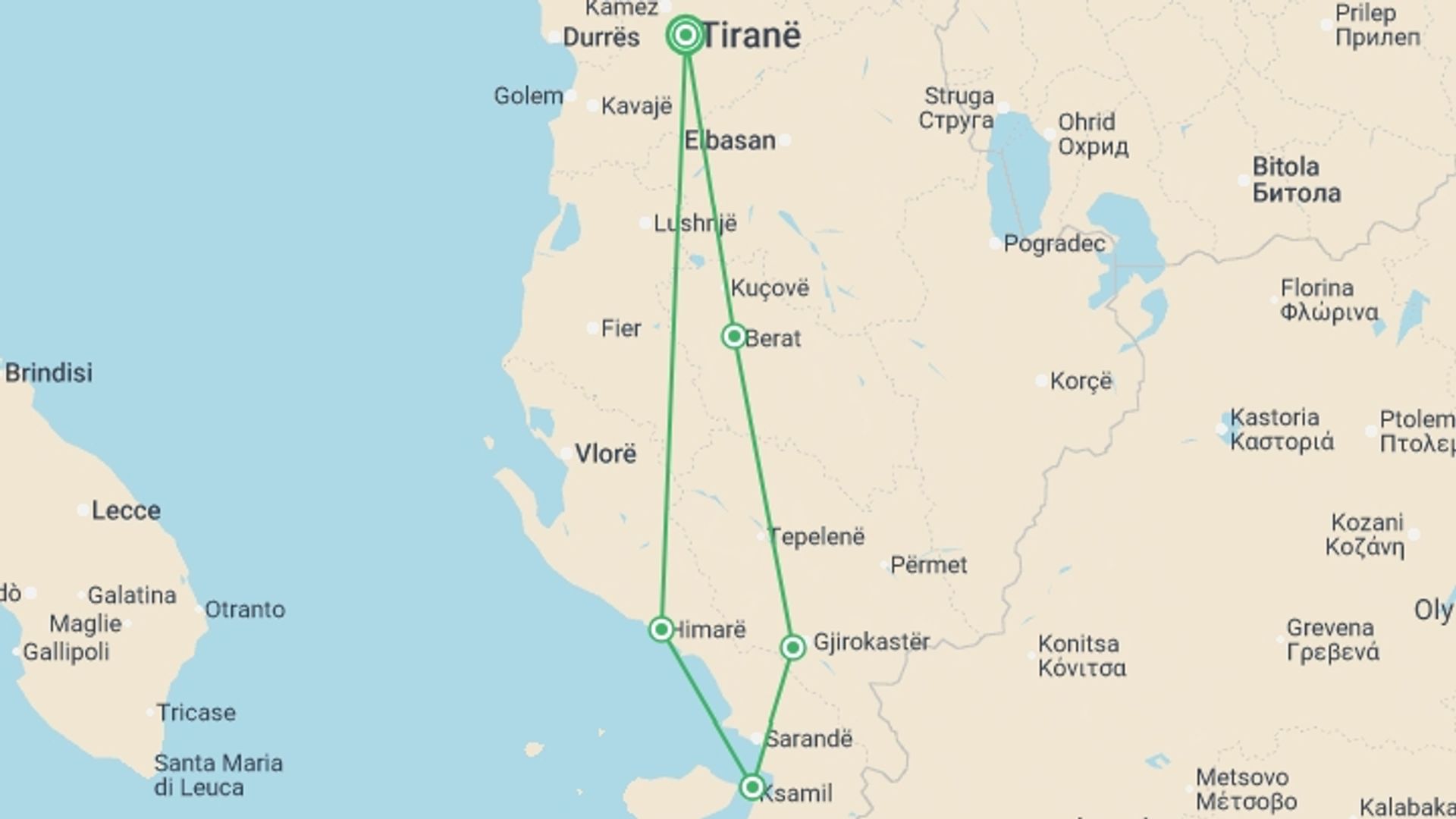 A map showing the tour itinerary for the trip: South Albania Experience, starting in Tirana, Albania and ending in Tirana, Albania going through 3 other destinations.
