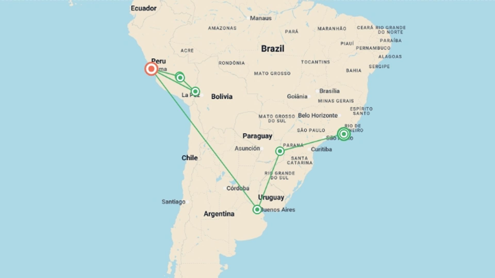 A map showing the tour itinerary for the trip: South America Discovery, starting in Rio de Janeiro, Brazil and ending in Lima, Peru going through 6 other destinations.