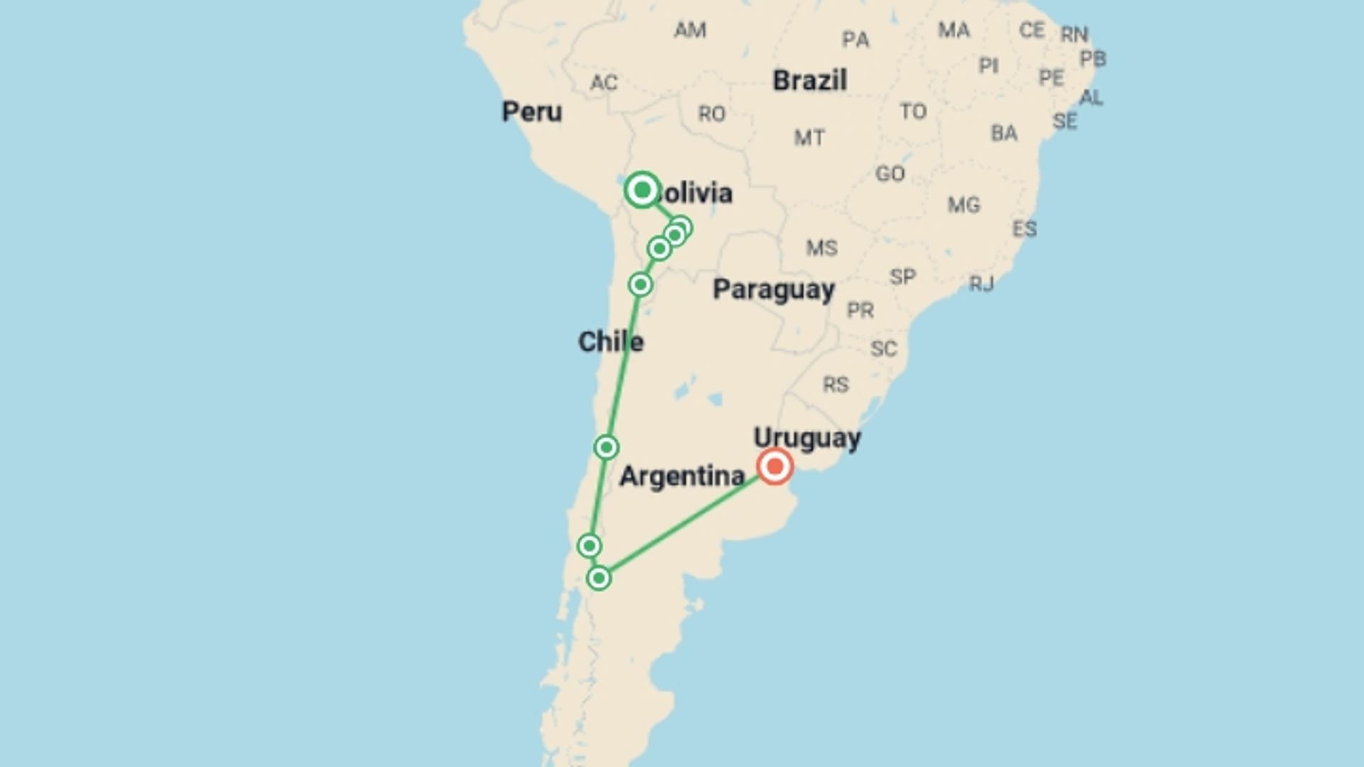 A map showing the tour itinerary for the trip: South America Highlights: Bolivia, Chile, & Argentina, starting in La Paz, Bolivia and ending in Buenos Aires, Argentina going through 10 other destinations.