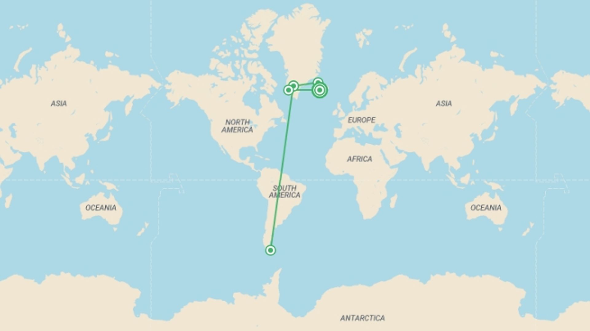 A map showing the tour itinerary for the trip: South Greenland - Alpine Exploration by Helicopter, starting in Reykjavik, Iceland and ending in Reykjavik, Iceland going through 2 other destinations.