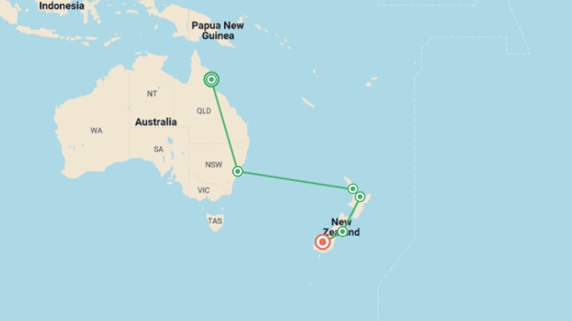 A map showing the tour itinerary for the trip: South Pacific Wonders including New Zealand's North Island, starting in Auckland, New Zealand and ending in Australia going through 5 other destinations.