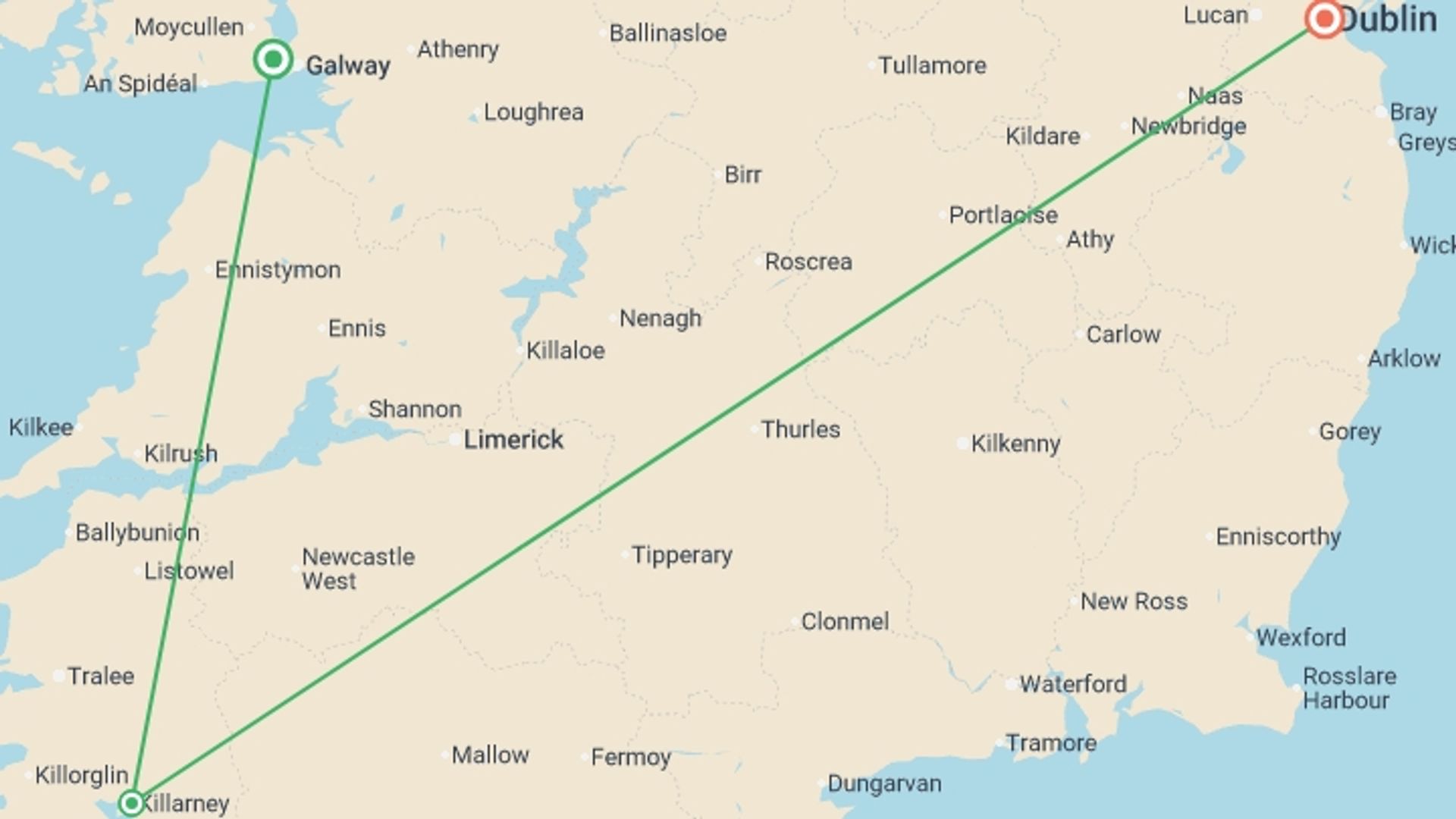 A map showing the tour itinerary for the trip: South West Ireland Uncovered (Hotel) - 5 days, starting in Dublin, Ireland and ending in Dublin, Ireland going through 4 other destinations.