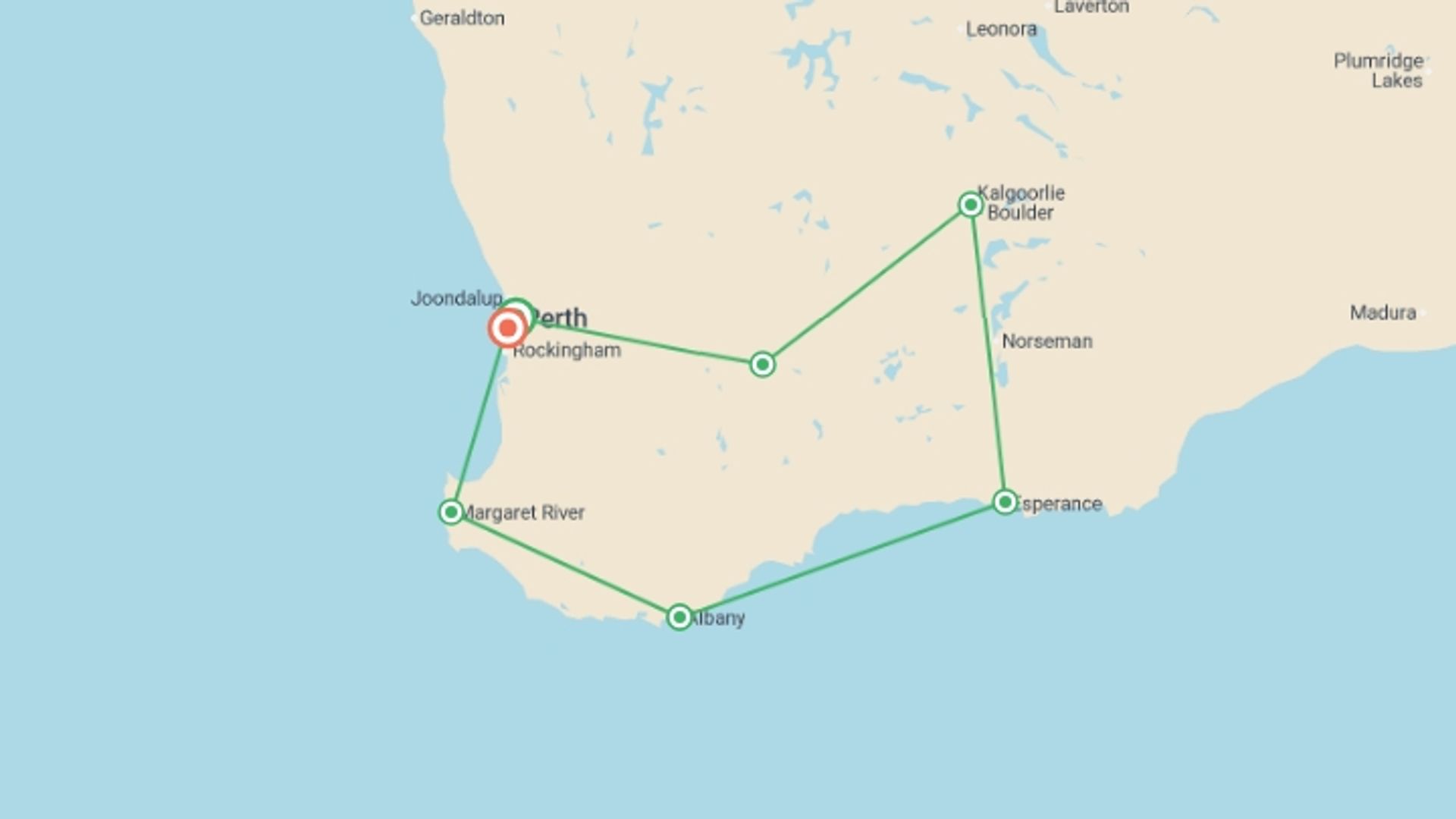 A map showing the tour itinerary for the trip: South Western Escape, starting in Perth, Australia and ending in Fremantle, Australia going through 3 other destinations.