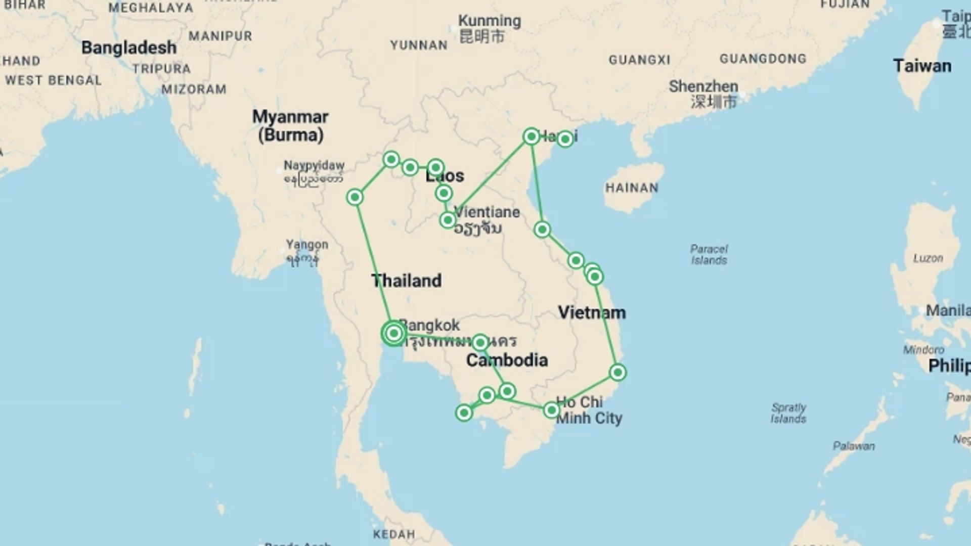 A map showing the tour itinerary for the trip: Southeast Asia Discovery: Seasides and Street Food, starting in Bangkok, Thailand and ending in Bangkok, Thailand going through 13 other destinations.