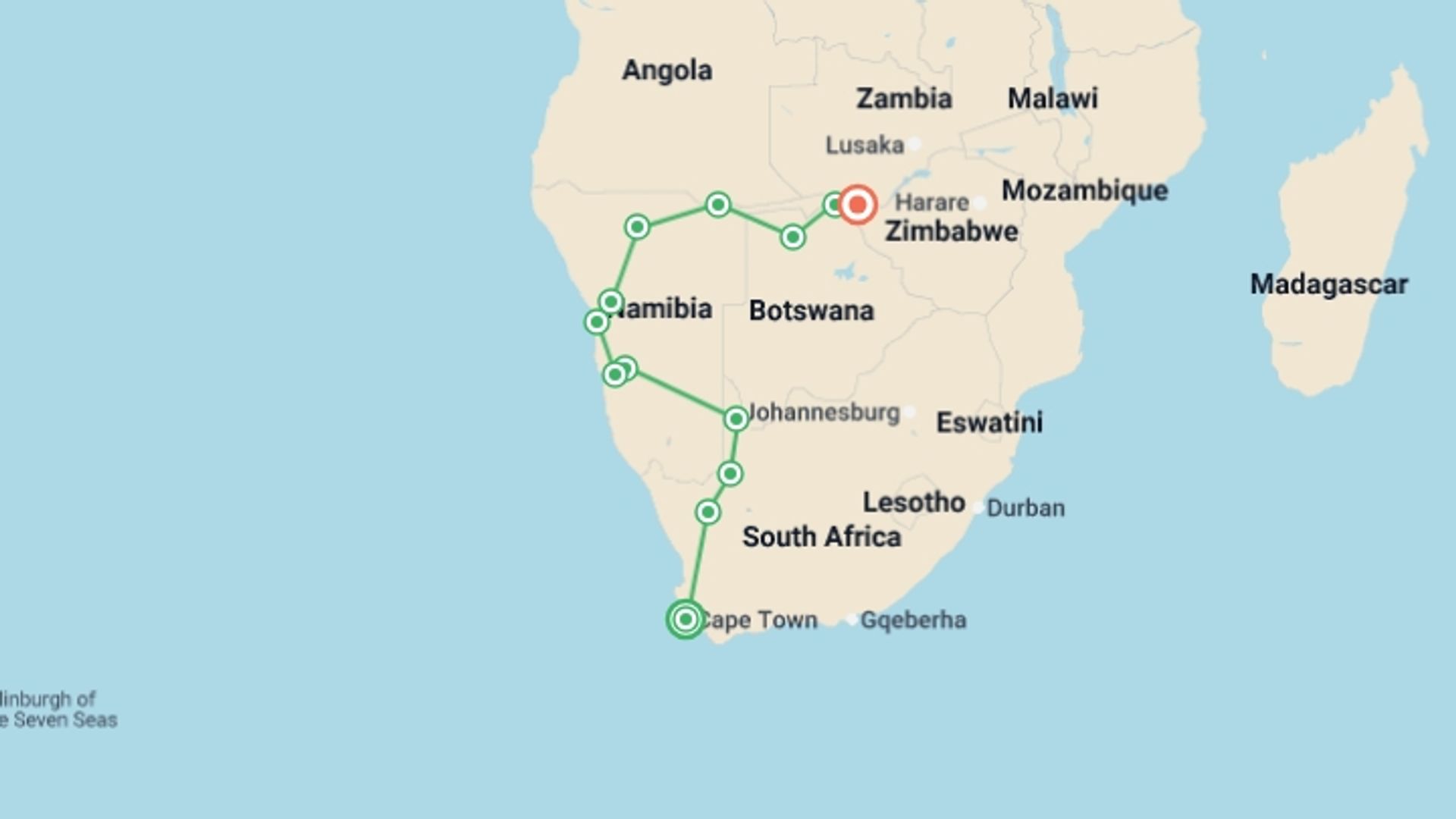 A map showing the tour itinerary for the trip: Southern Africa Explorer: Cape to Falls, starting in Cape Town, South Africa and ending in Victoria Falls, Zimbabwe going through 6 other destinations.