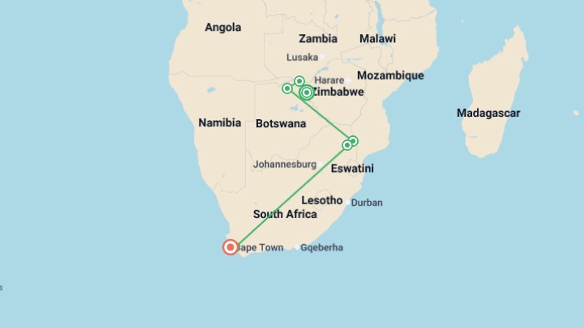 A map showing the tour itinerary for the trip: Southern Africa: Kruger, Victoria Falls & Zimbabwe National Parks, starting in Victoria Falls, Zimbabwe and ending in Cape Town, South Africa going through 6 other destinations.