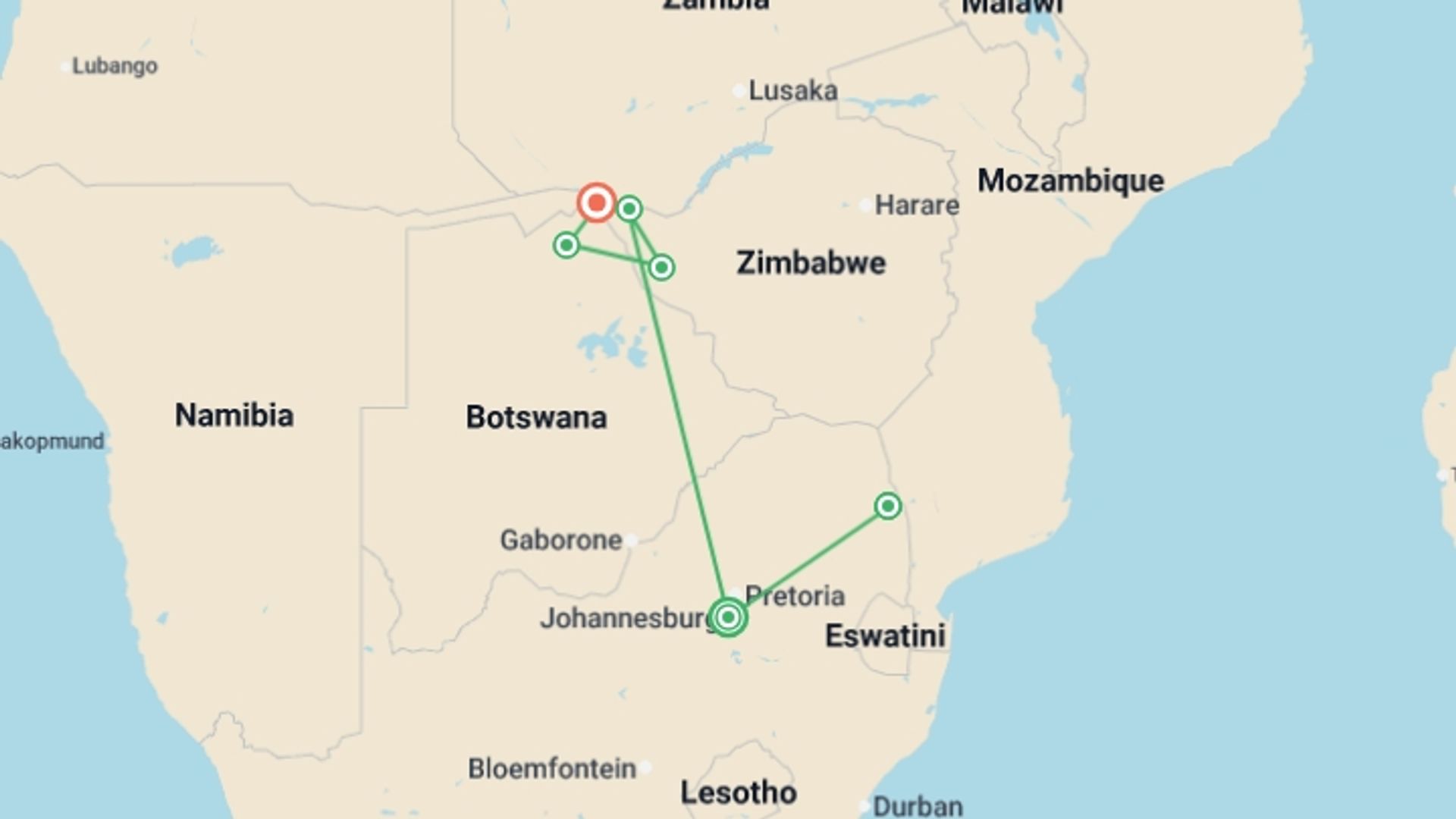 A map showing the tour itinerary for the trip: Southern Africa Safari: Kruger, Victoria Falls, Hwange & Chobe, starting in Johannesburg, South Africa and ending in Kasane, Botswana going through 6 other destinations.