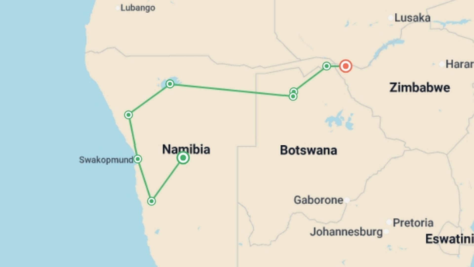 A map showing the tour itinerary for the trip: Southern African Desert Rivers and Wildlife, starting in Windhoek, Namibia and ending in Victoria Falls, Zimbabwe going through 5 other destinations.