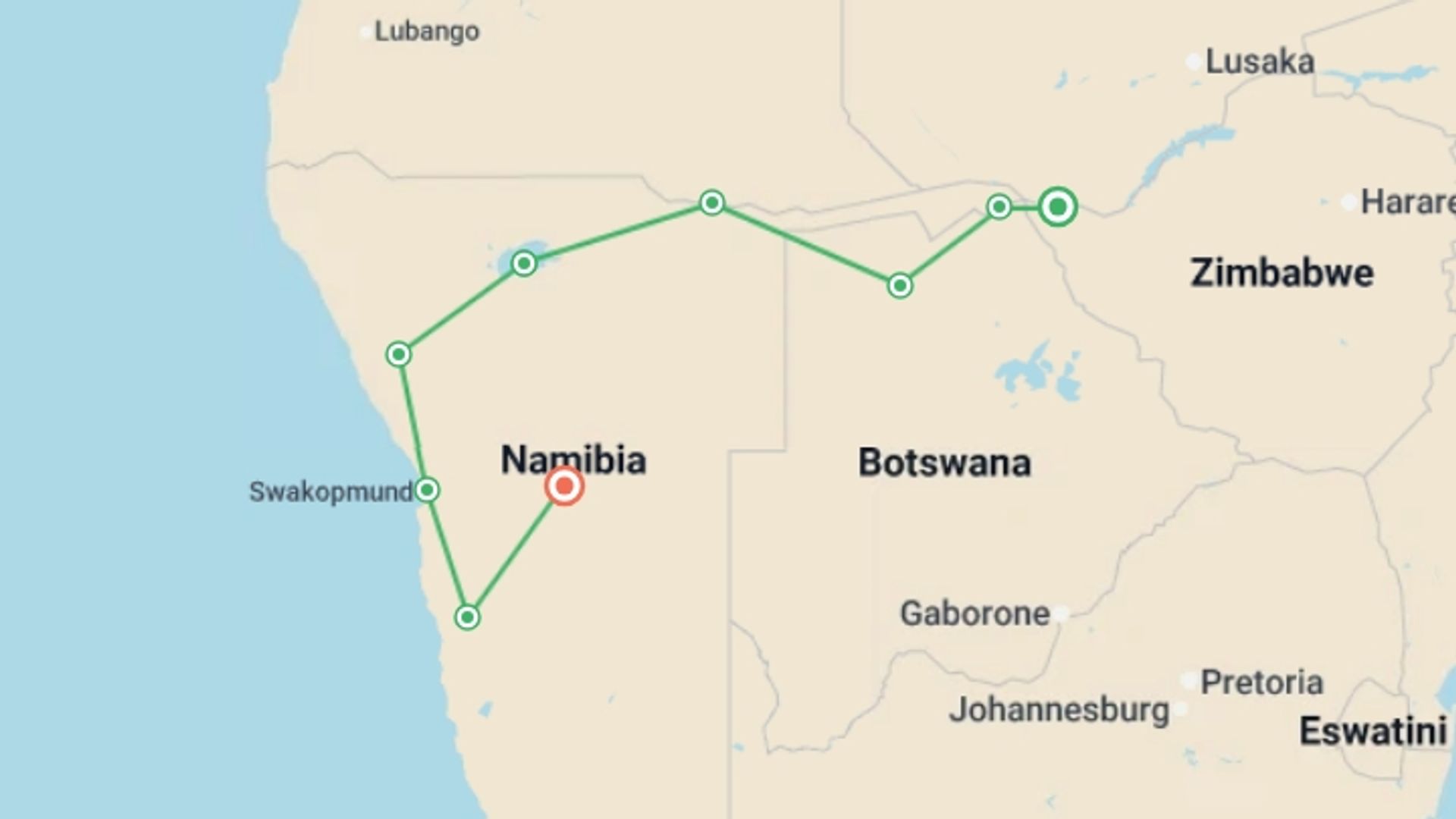 A map showing the tour itinerary for the trip: Southern African Desert Rivers and Wildlife (VFA to WDH), starting in Victoria Falls, Zimbabwe and ending in Windhoek, Namibia going through 5 other destinations.