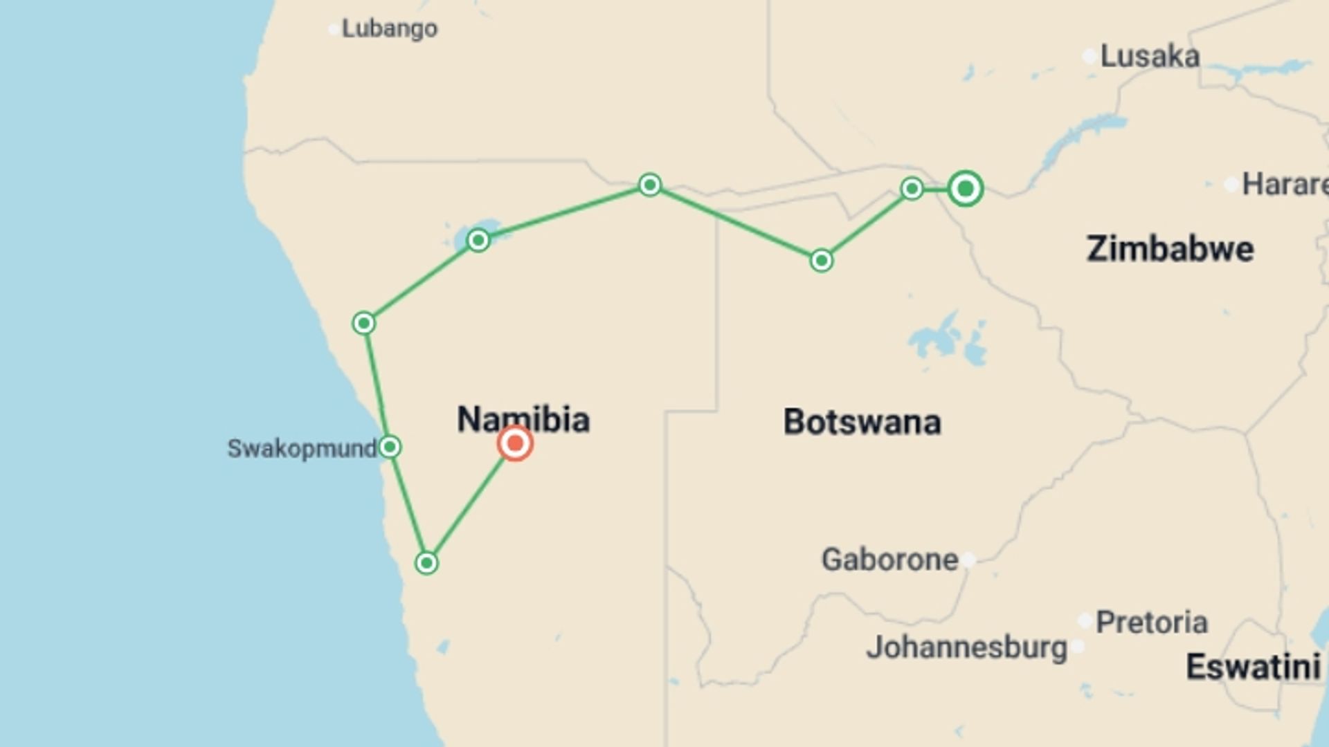 A map showing the tour itinerary for the trip: Southern African Desert Rivers and Wildlife (VFA to WDH), starting in Victoria Falls, Zimbabwe and ending in Windhoek, Namibia going through 5 other destinations.