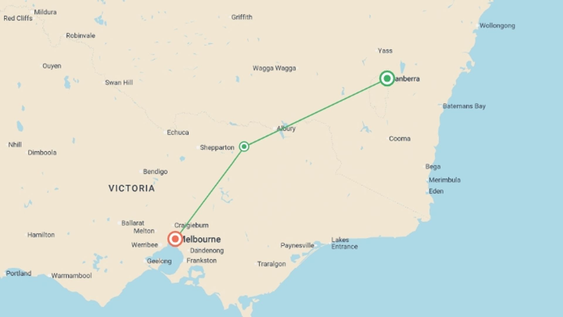 A map showing the tour itinerary for the trip: Southern Capitals - City Meets Bush, starting in Sydney and NSW, Australia and ending in Melbourne, Australia going through 3 other destinations.