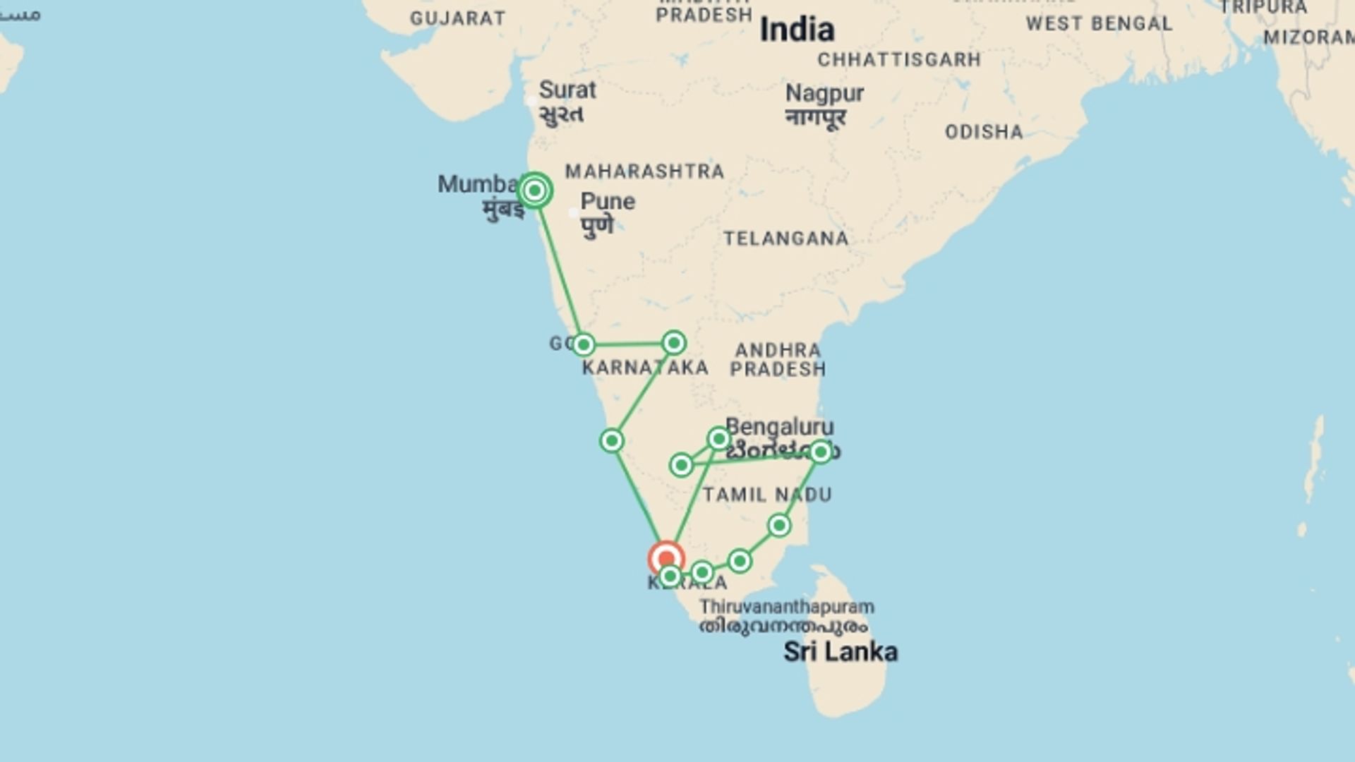A map showing the tour itinerary for the trip: Southern India Encompassed, starting in Mumbai, India and ending in Kerala & Tamil Nadu, India going through 9 other destinations.