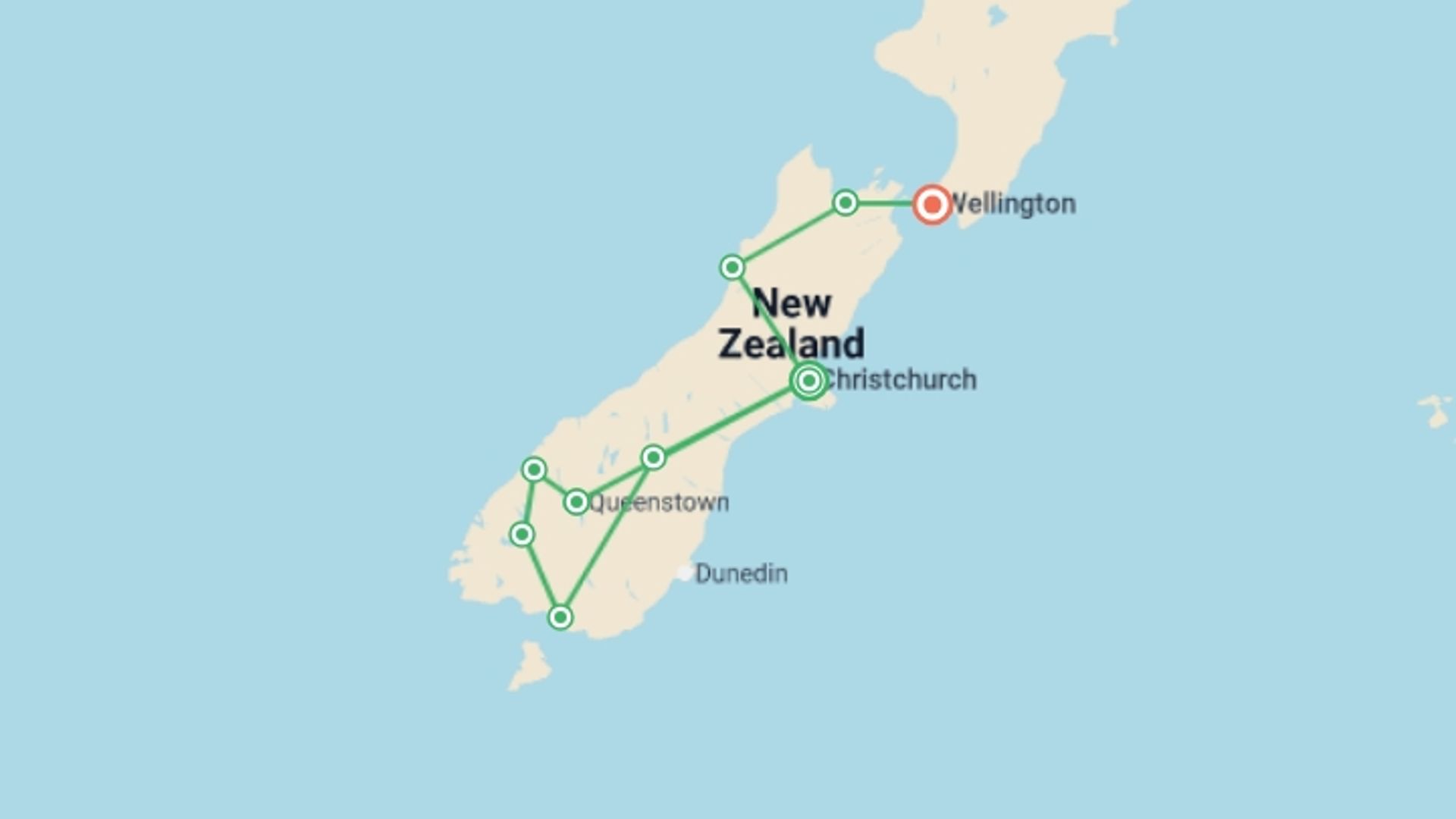 A map showing the tour itinerary for the trip: Southern Spirit, starting in Christchurch, New Zealand and ending in Wellington, New Zealand going through 6 other destinations.