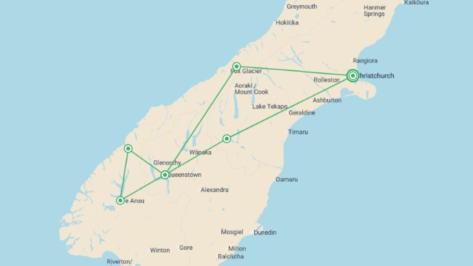 A map showing the tour itinerary for the trip: Northern Spotlight, starting in Christchurch, New Zealand and ending in Christchurch, New Zealand going through 4 other destinations.