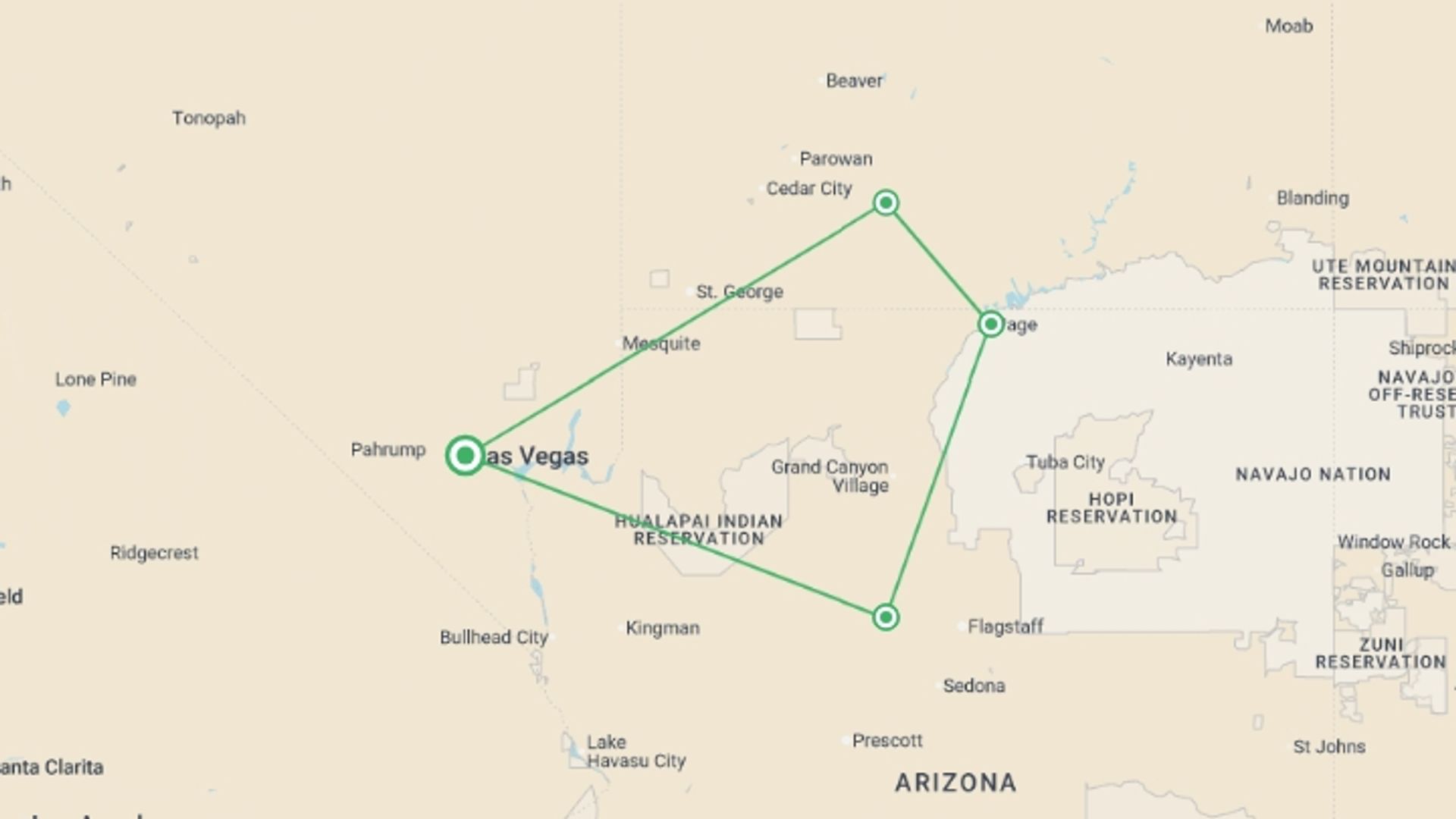 A map showing the tour itinerary for the trip: Southwest National Parks and Canyons - Small Group, starting in Las Vegas, USA and ending in Las Vegas, USA going through 2 other destinations.