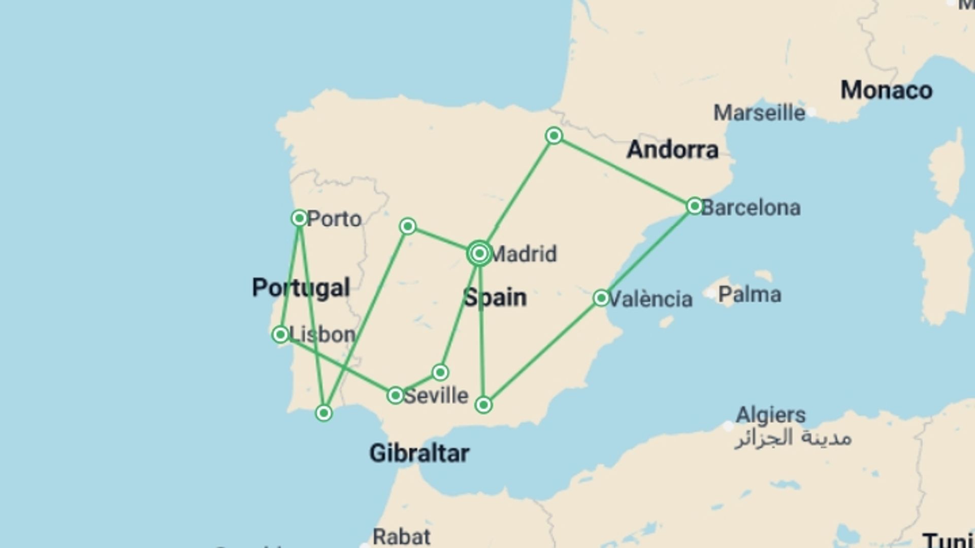 A map showing the tour itinerary for the trip: Spain and Portugal Uncovered, starting in Madrid, Spain and ending in Madrid, Spain going through 11 other destinations.
