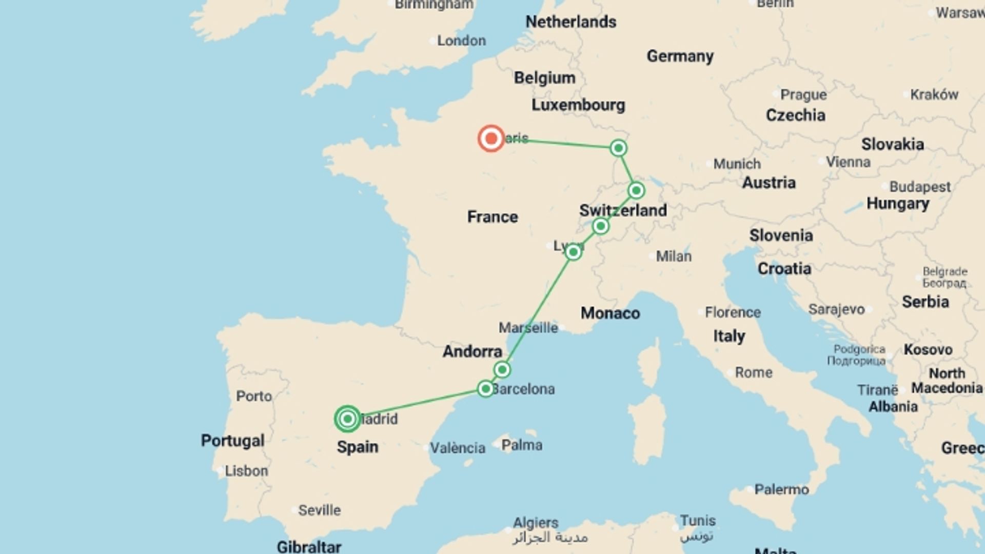 A map showing the tour itinerary for the trip: Spain and Switzerland with enchanted Alsace, starting in Madrid, Spain and ending in Paris, France going through 7 other destinations.