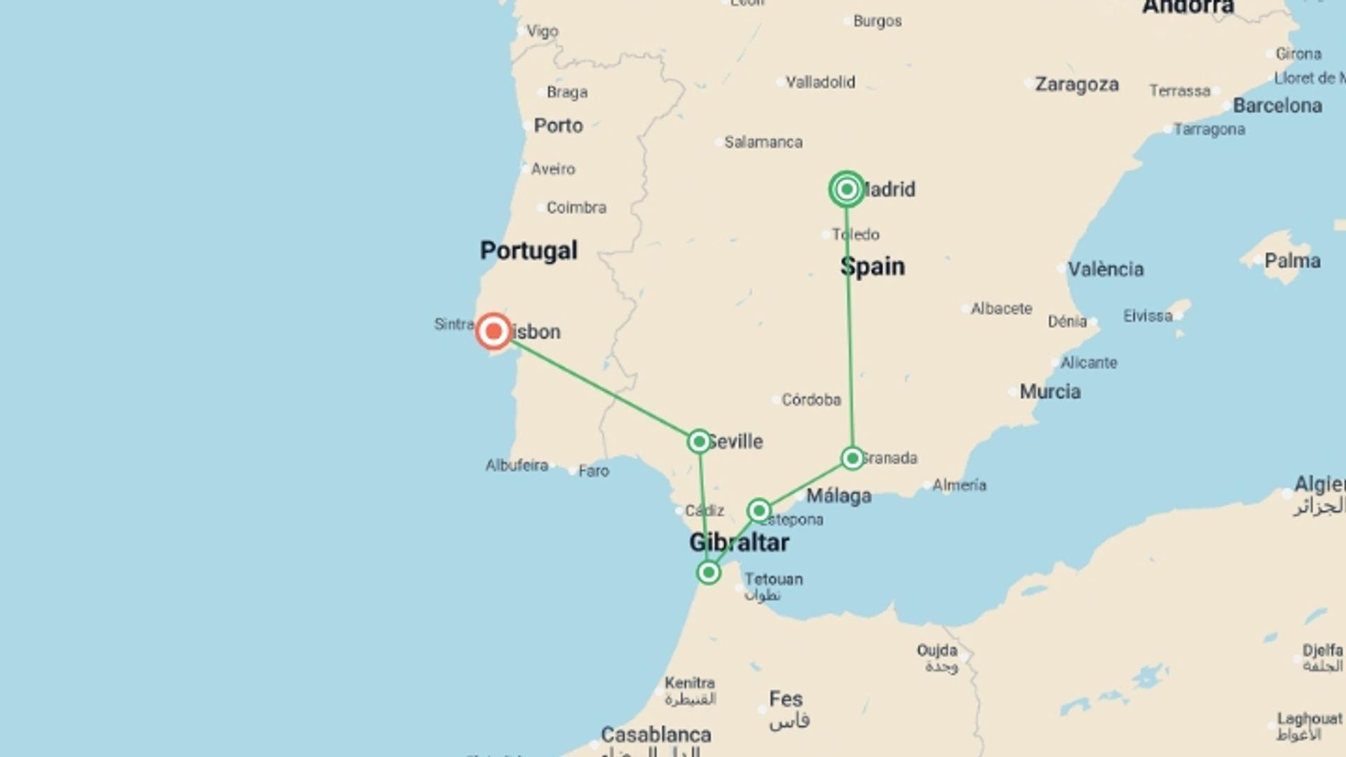 A map showing the tour itinerary for the trip: Spain, Morocco & Portugal Whirl, starting in Madrid, Spain and ending in Lisbon, Portugal going through 6 other destinations.