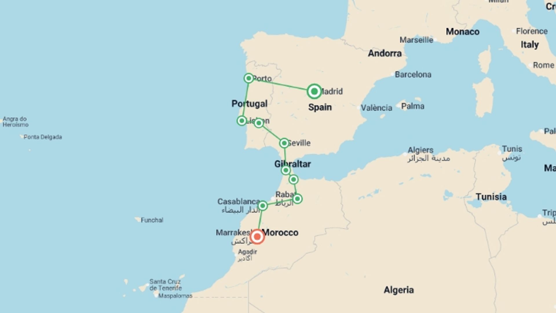 A map showing the tour itinerary for the trip: Spain, Portugal, and Morocco Adventure, starting in Madrid, Spain and ending in Marrakech, Morocco going through 9 other destinations.