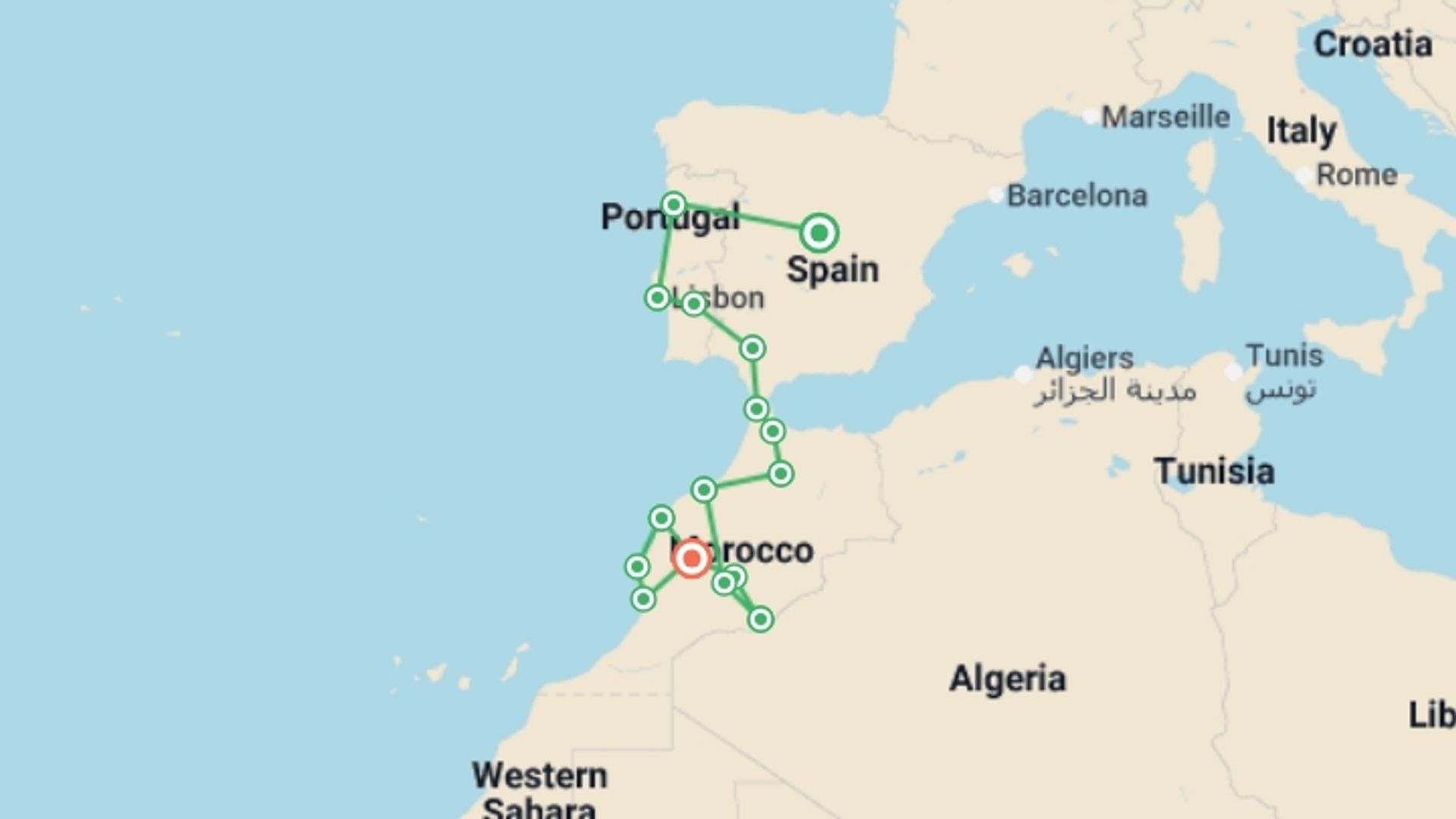 A map showing the tour itinerary for the trip: Spain, Portugal & Morocco Encompassed, starting in Madrid, Spain and ending in Marrakech, Morocco going through 11 other destinations.