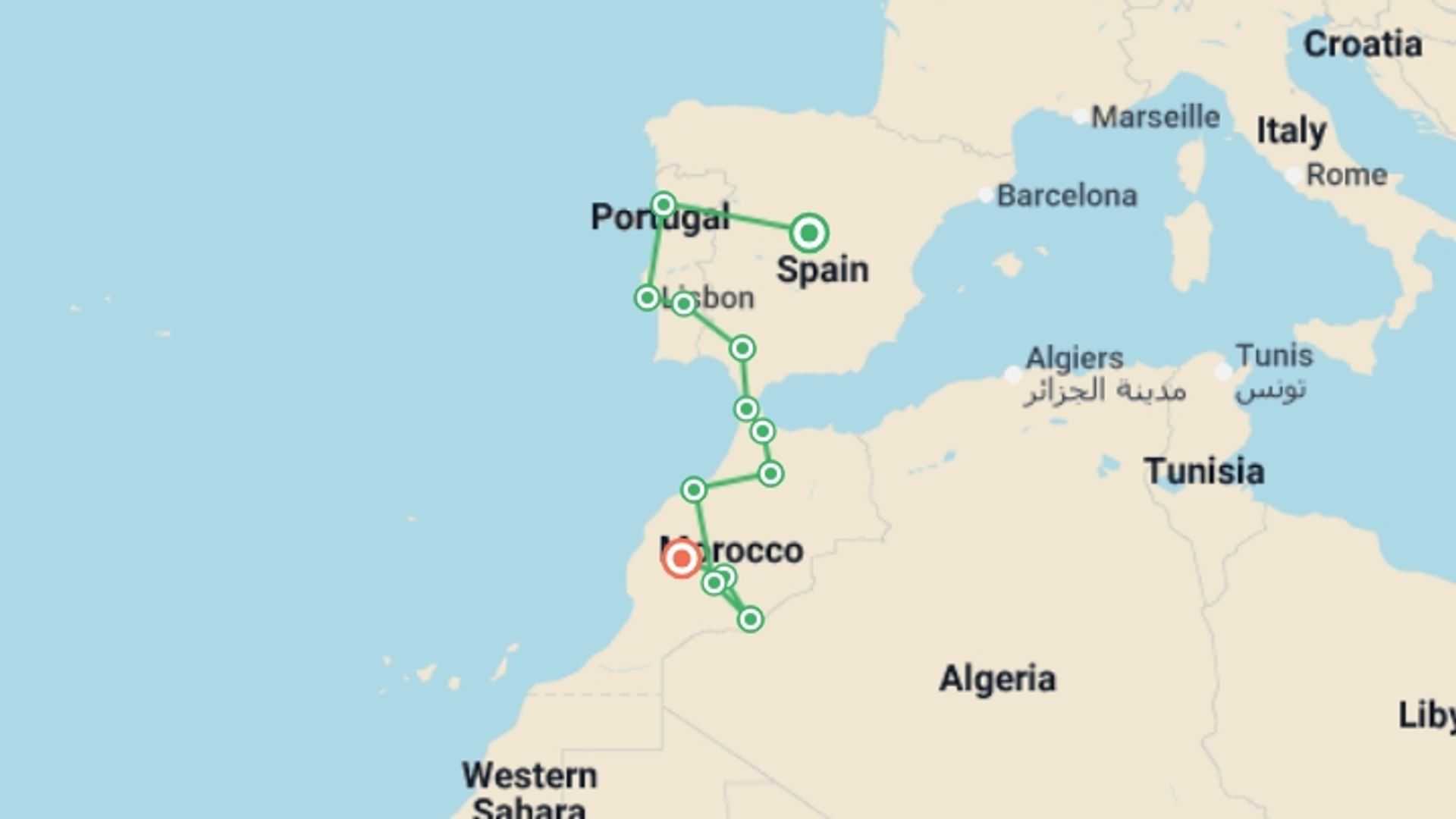 A map showing the tour itinerary for the trip: Spain, Portugal & Morocco:  Madrid to the Sahara, starting in Madrid, Spain and ending in Marrakech, Morocco going through 10 other destinations.