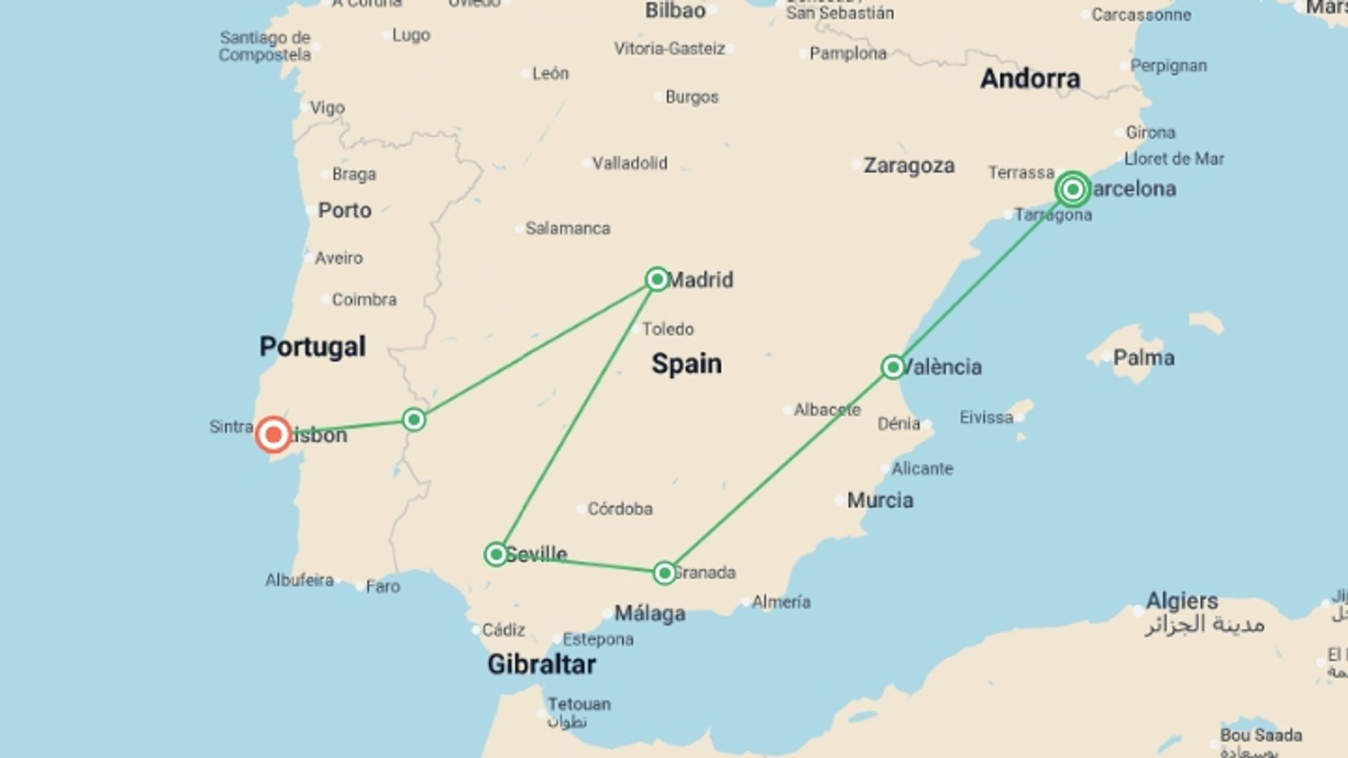 A map showing the tour itinerary for the trip: Spain's Classics & Portugal , starting in Barcelona, Spain and ending in Lisbon, Portugal going through 6 other destinations.