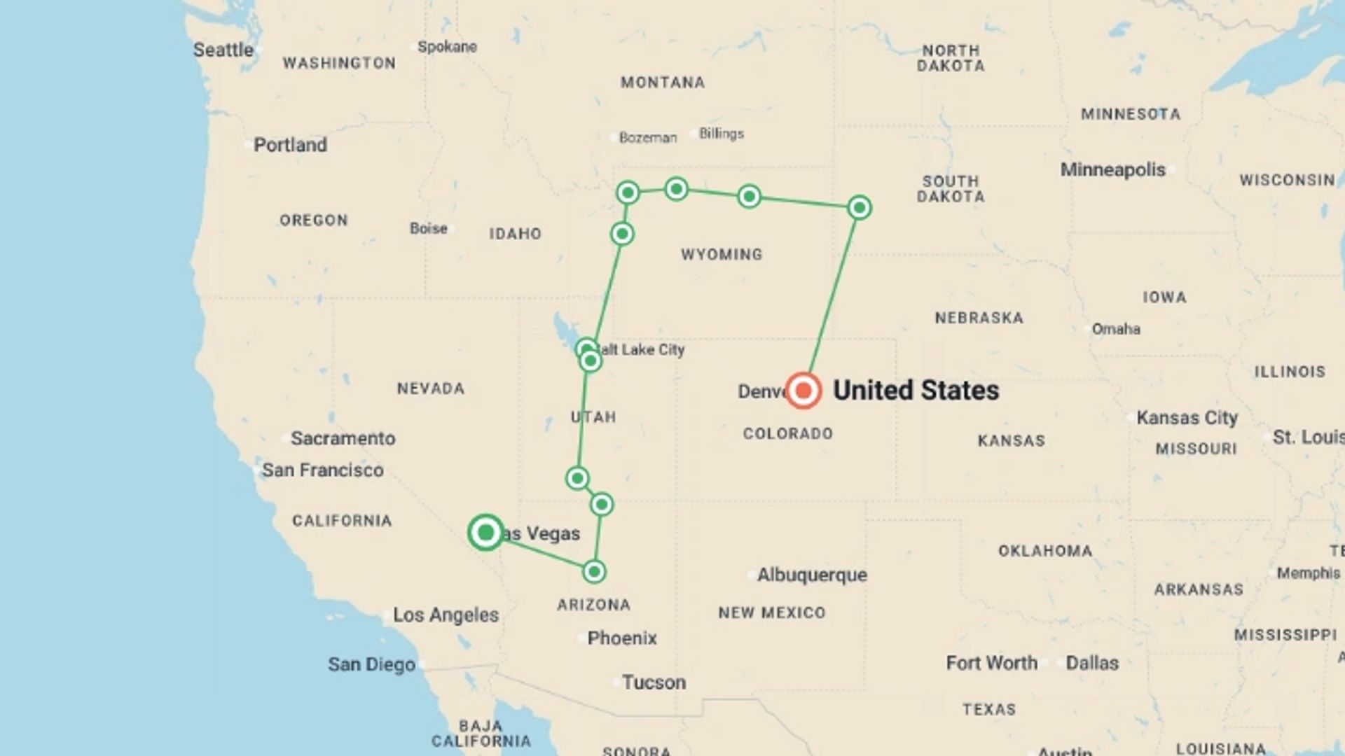 A map showing the tour itinerary for the trip: Spectacular Canyons and National Parks, starting in Las Vegas, USA and ending in Denver, USA going through 7 other destinations.