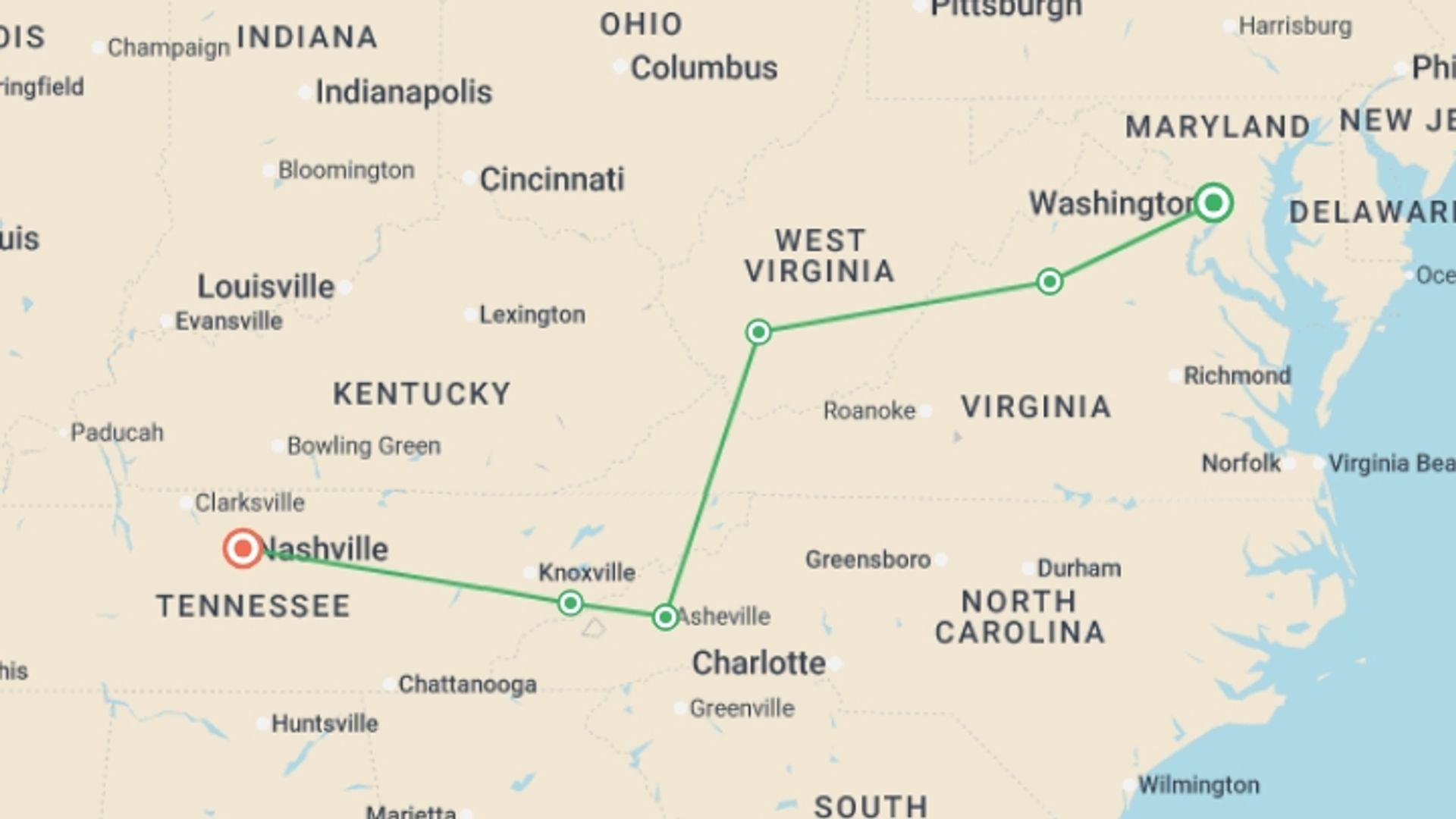 A map showing the tour itinerary for the trip: Spectacular National Parks of Eastern USA, starting in Washington D.C., USA and ending in Nashville, USA going through 3 other destinations.
