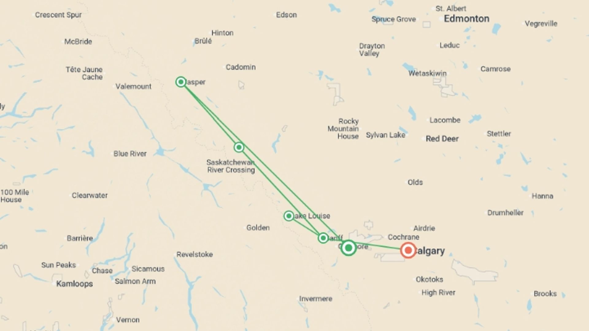 A map showing the tour itinerary for the trip: Spectacular Rockies and Glaciers of Alberta, starting in Banff National Park, Canada and ending in Calgary, Canada going through 3 other destinations.