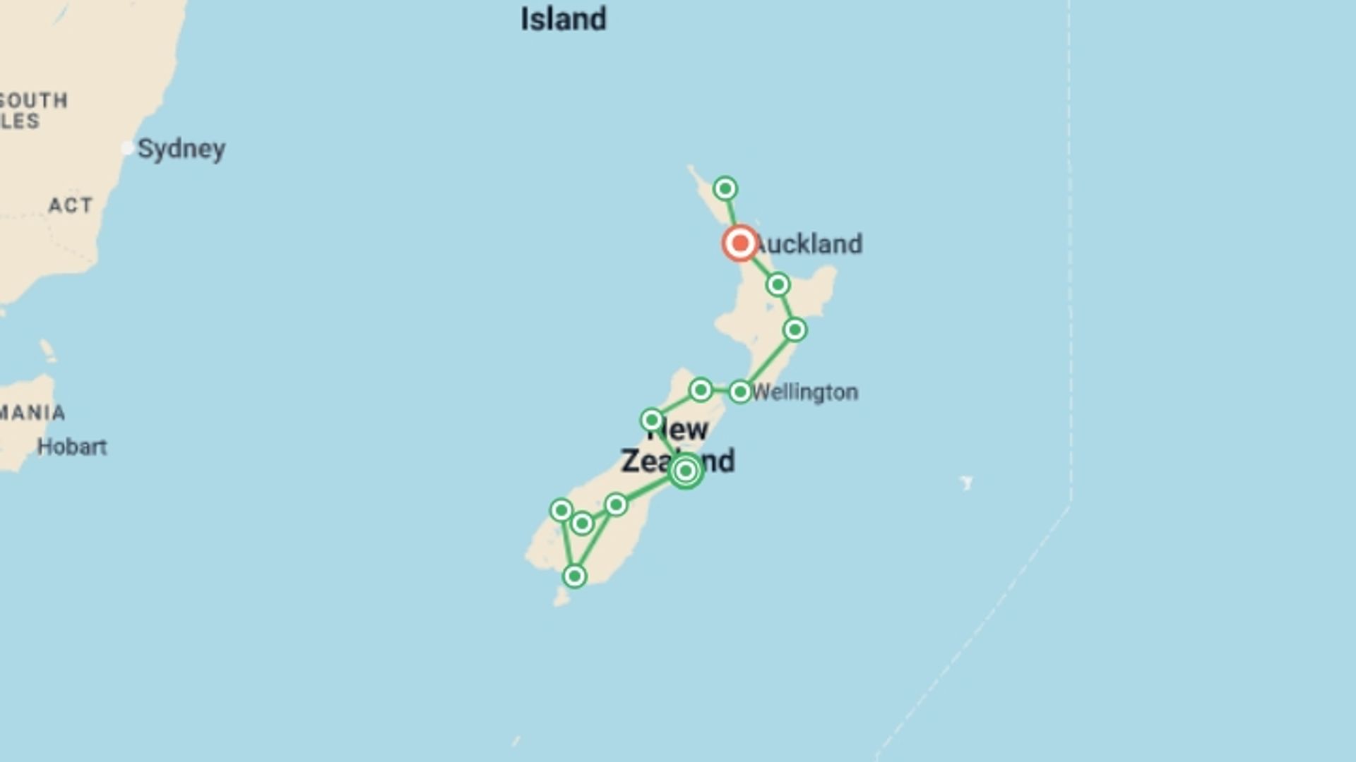 A map showing the tour itinerary for the trip: Spirit of New Zealand, starting in Christchurch, New Zealand and ending in Auckland, New Zealand going through 8 other destinations.