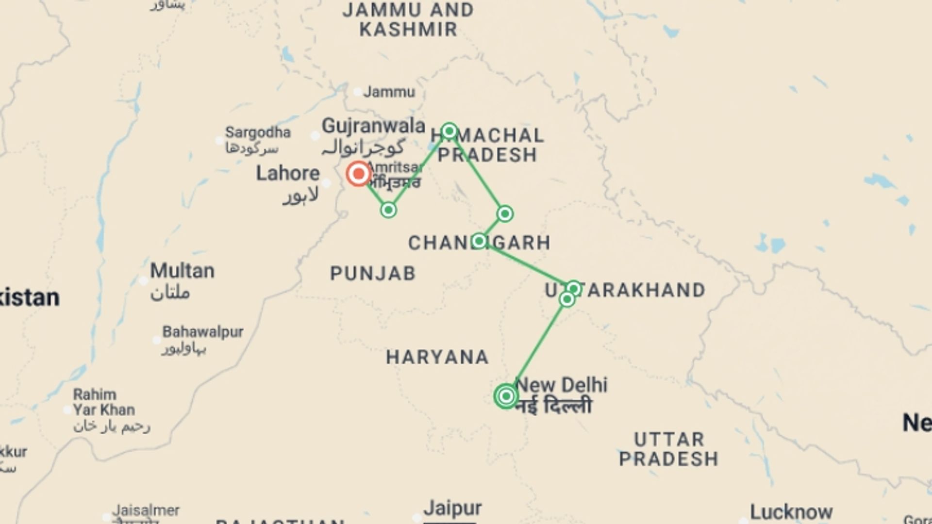 A map showing the tour itinerary for the trip: Spiritual India - Foothills of the Himalaya, starting in New Delhi, India and ending in Amritsar, India going through 5 other destinations.