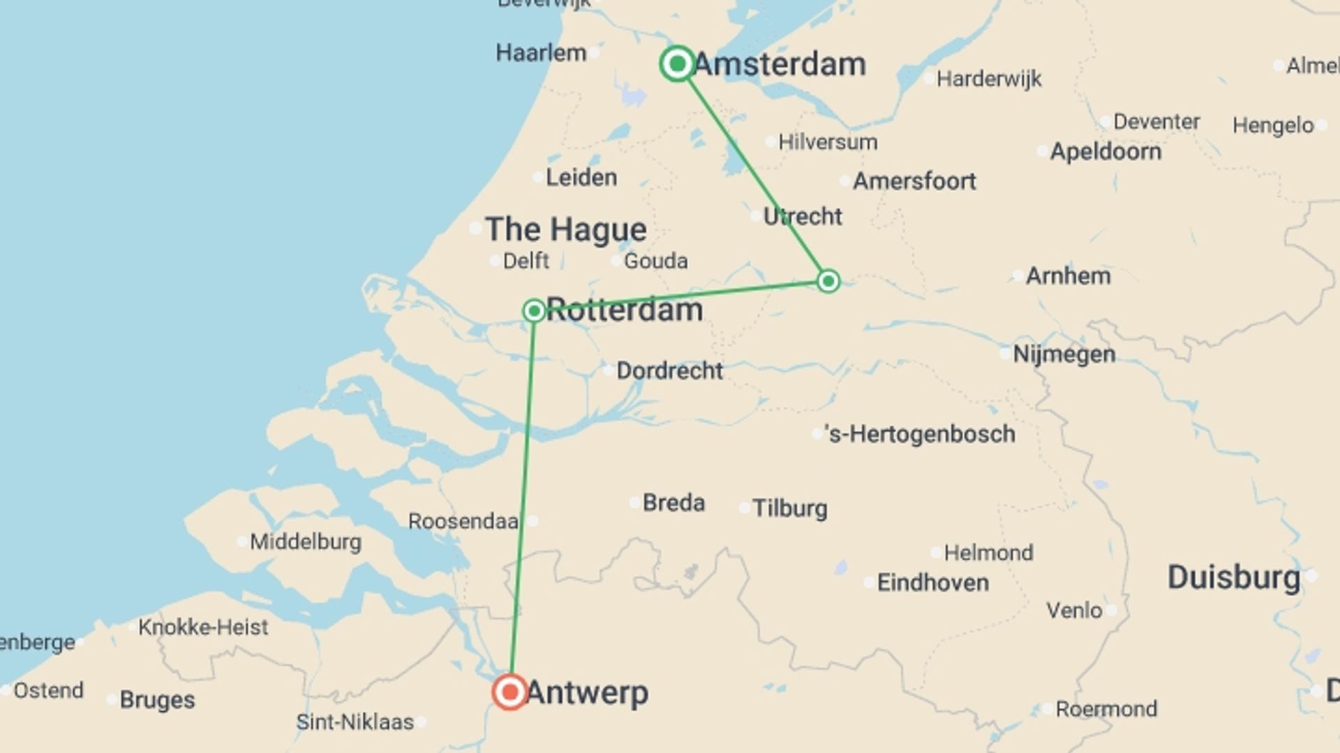 A map showing the tour itinerary for the trip: Springtime in Holland (port-to-port cruise), starting in Amsterdam, Holland and ending in Antwerp, Belgium going through 3 other destinations.